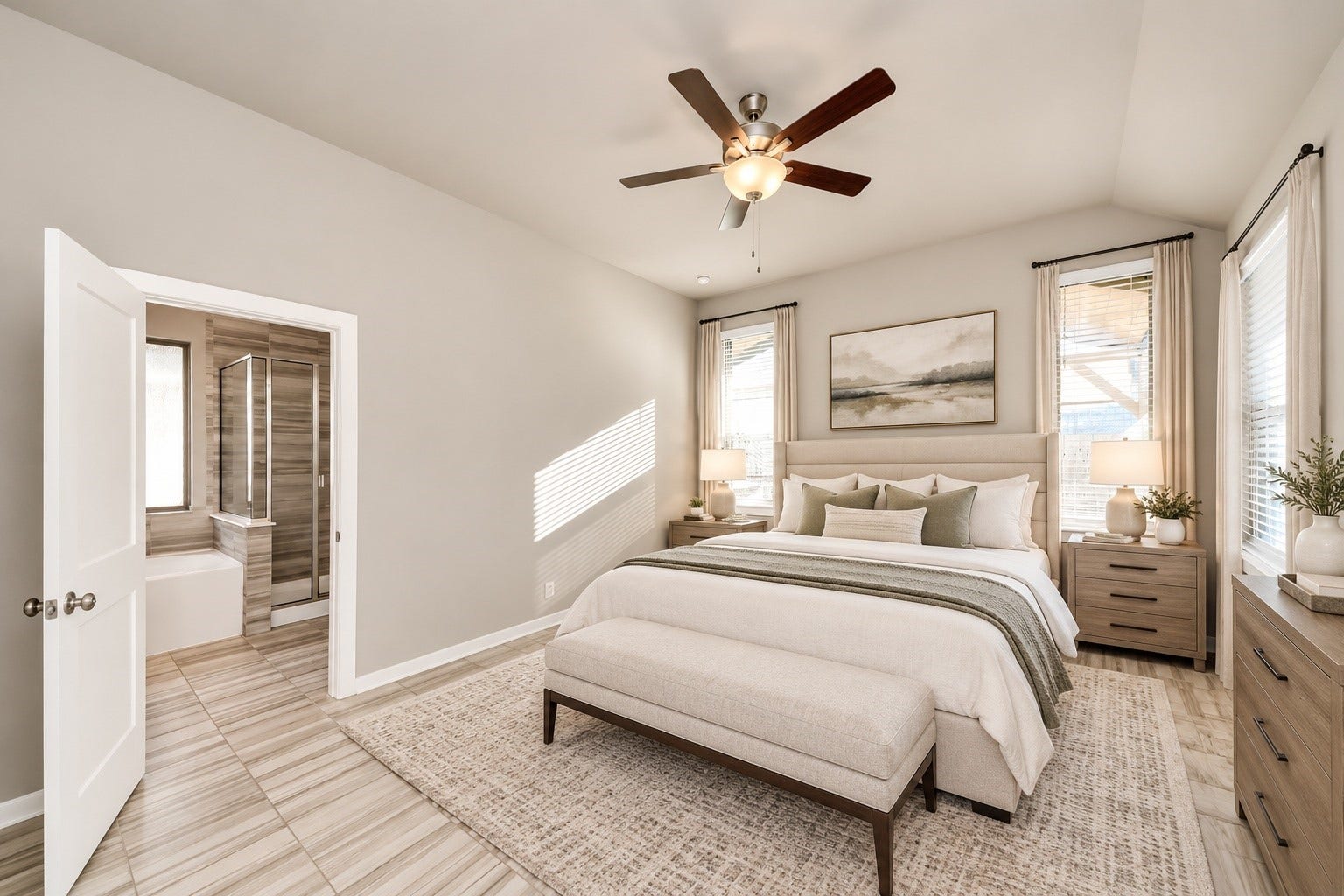 6110 Dovetail Cliff Court, Katy, TX 77493 Spacious primary bedroom featuring neutral finishes, ceiling fan, and large windows overlooking the backyard.