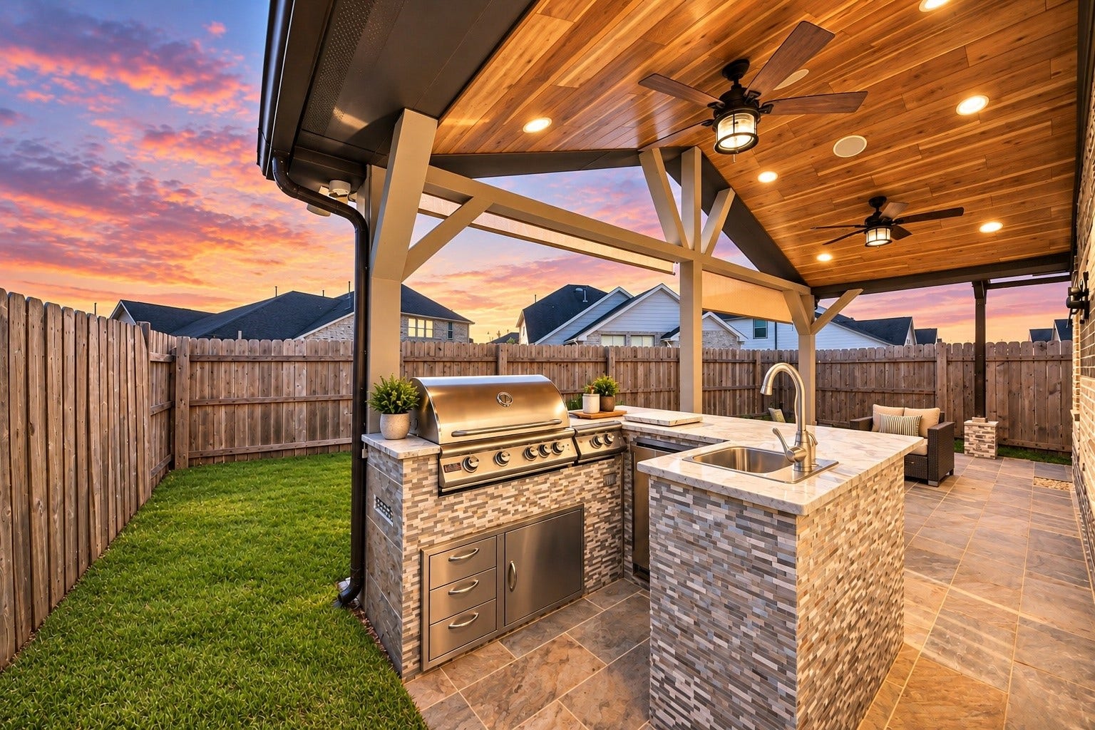 6110 Dovetail Cliff Court, Katy, TX 77493 Impressive outdoor kitchen featuring built-in cooking amenities and a covered entertaining area.