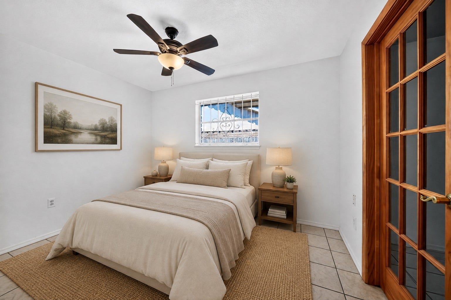 522 Hollyvale Dr, Houston, TX 77060 Cozy bedroom with French doors and warm wood accents.