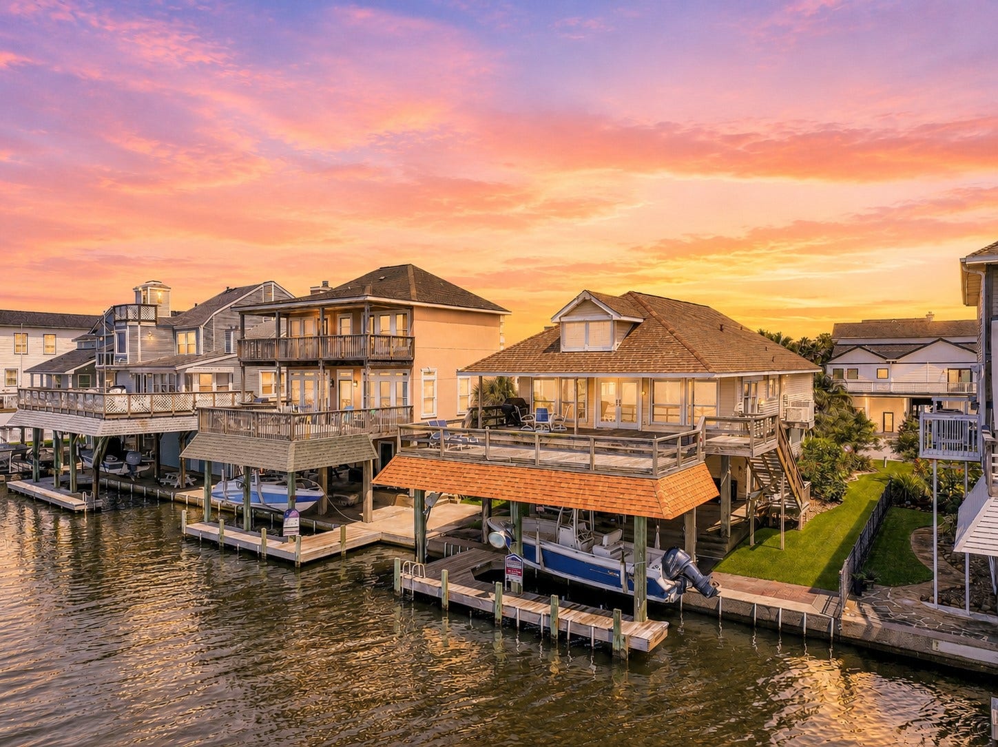 243 Isles End Road, #RR2, Tiki Island, TX 77554 Perfectly positioned along the bay, this waterfront retreat offers an exceptional setting for coastal living. A sprawling entertaining deck, covered boat storage, private dock, and direct water access combine with sweeping sunset views to create a truly special island getaway.