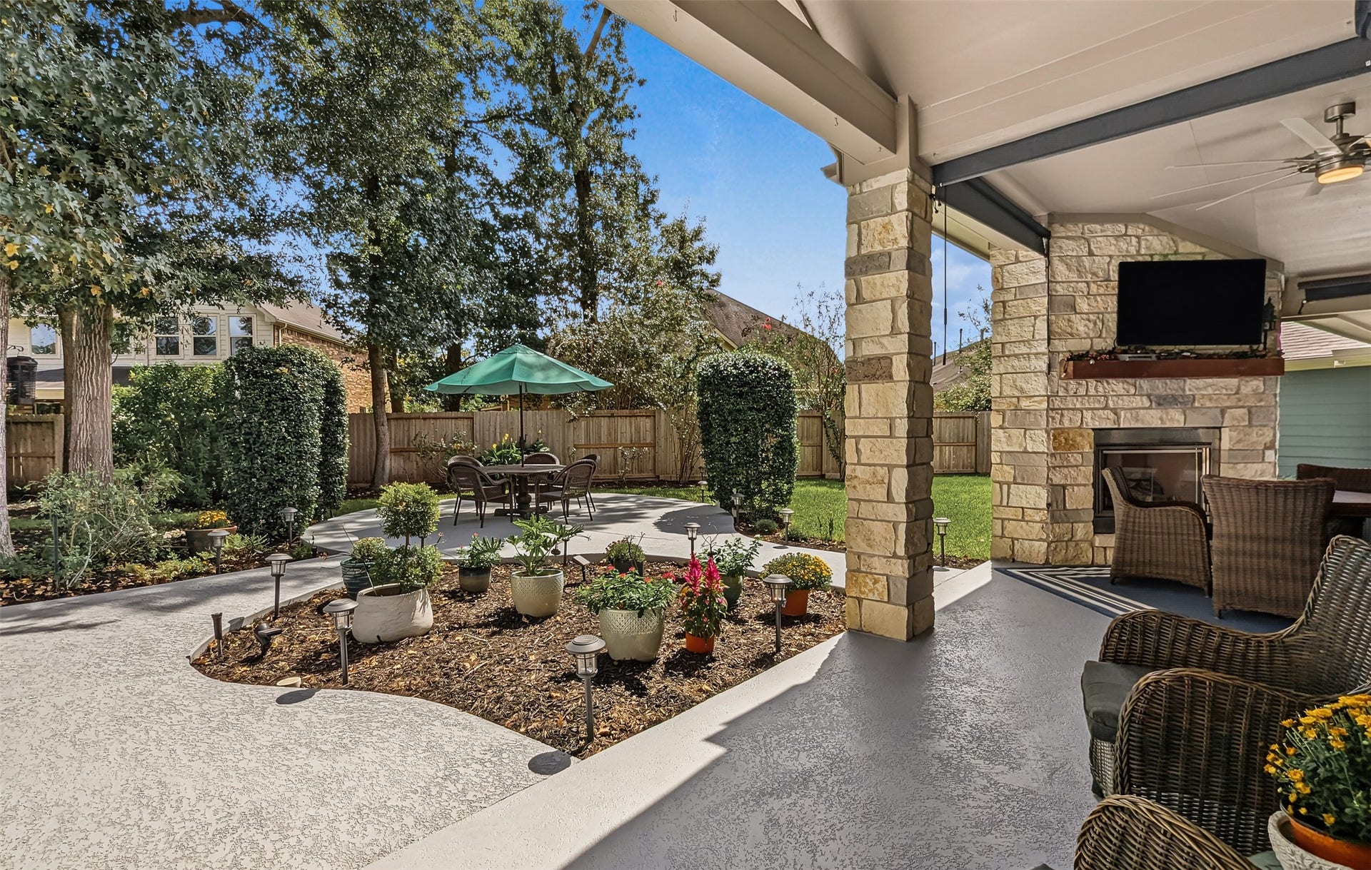 More table space for entertaining, covered area with TV and fire place  and pull down shades.