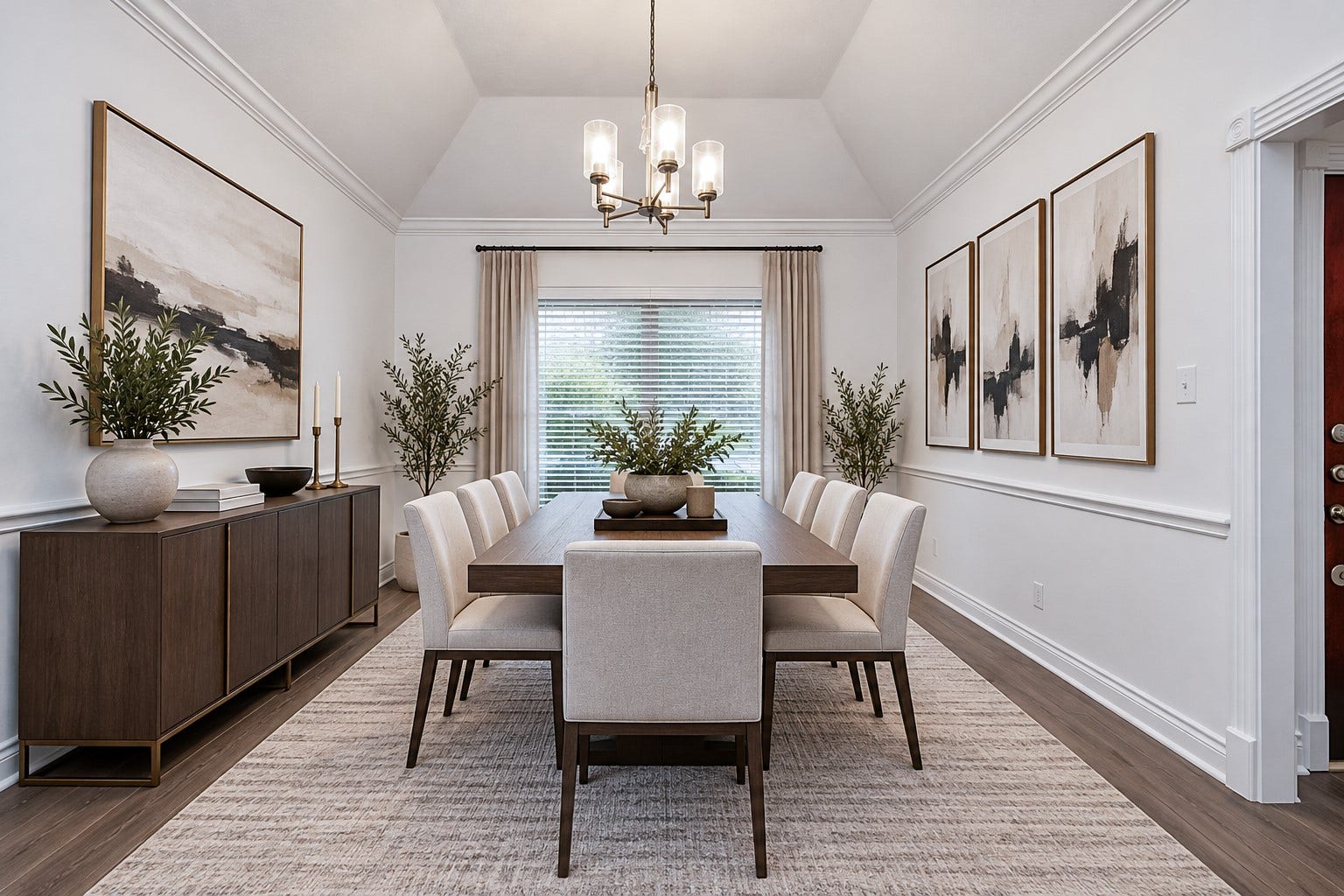 Elegant dining room featuring a vaulted ceiling, stylish chandelier. Natural light streams through large windows.
