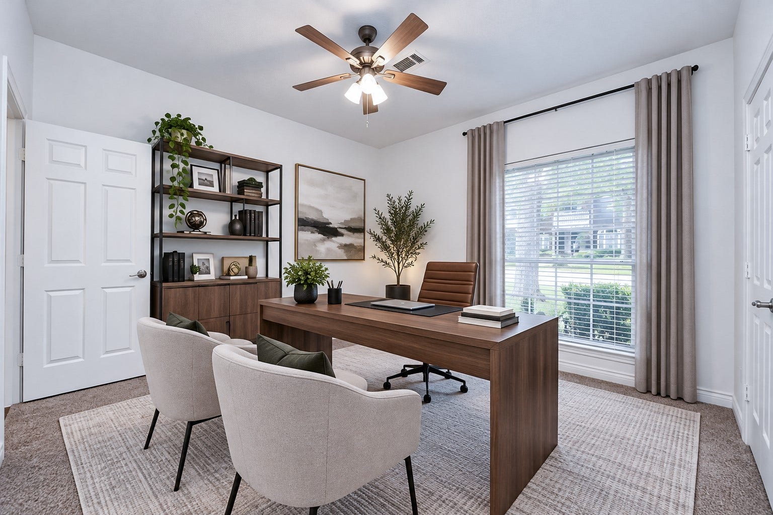Virtually staged third bedroom. Perfect for an organized home office or a cozy retreat.