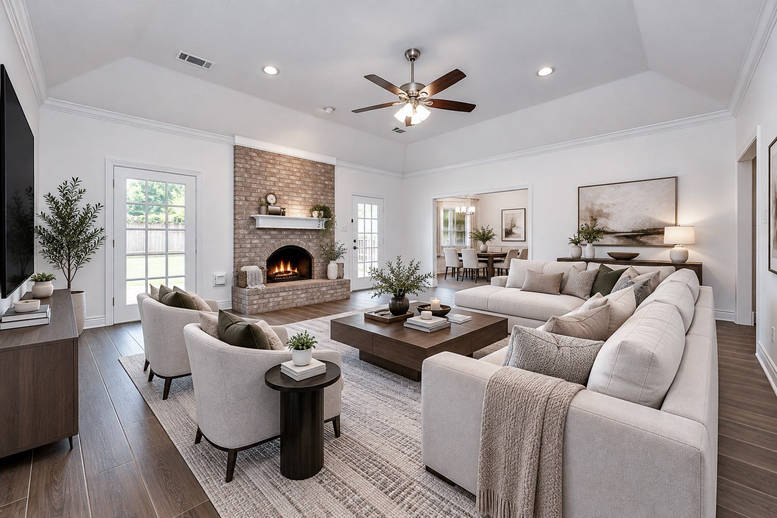 The family room is anchored by a floor-to-ceiling brick fireplace with an arched firebox and raised hearth. A tray ceiling with crown molding, recessed lighting, and a ceiling fan add height and finish. A glass doors leads to the backyard, and a wide opening seamlessly connects to a stylish kitchen area, perfect for entertaining.