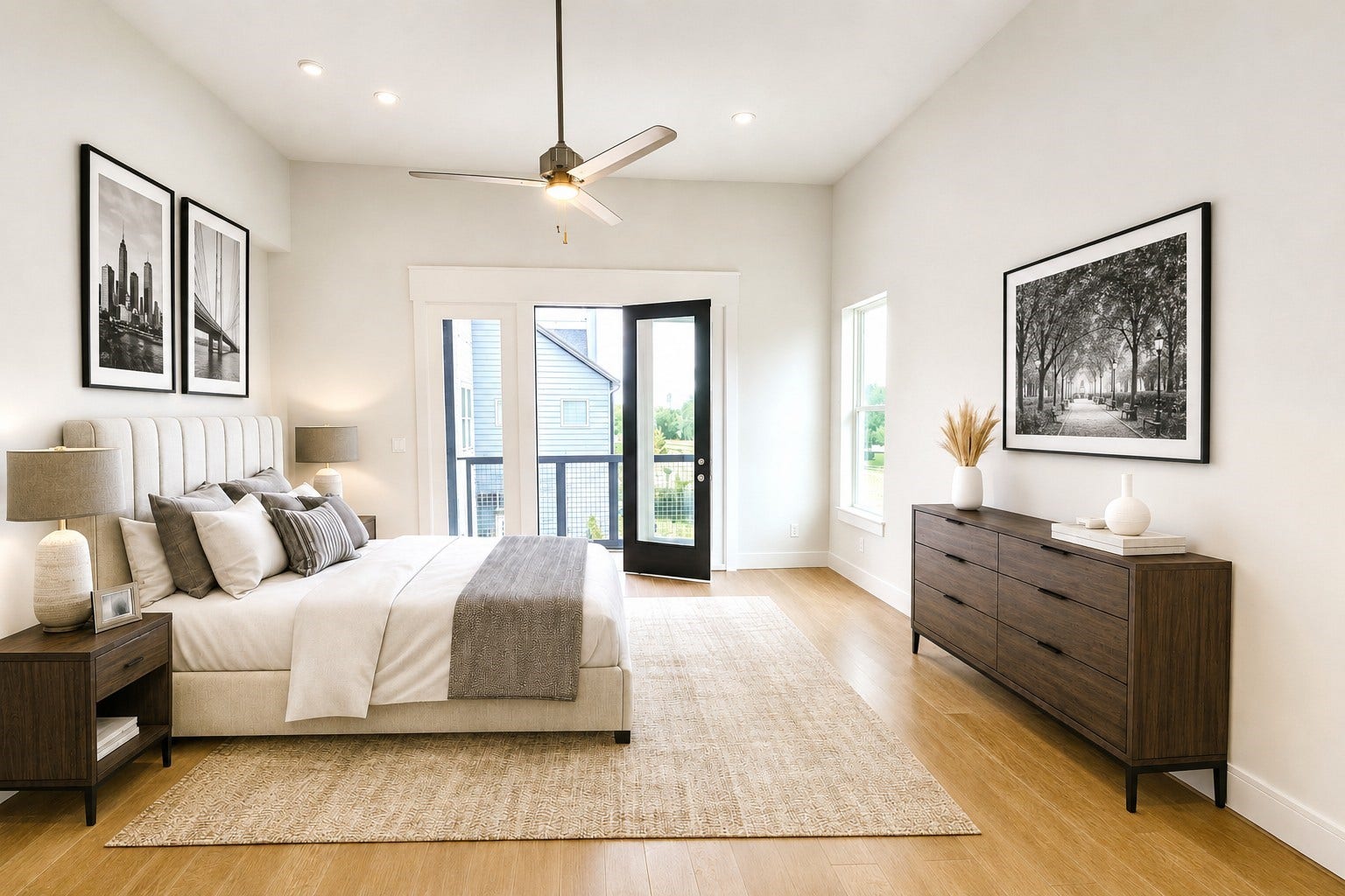9849 Mocking Bird Hill Lane, Houston, TX 77080 Primary Bedroom with Private Balcony. Wide Plank Wood Flooring. Virtual staging added.
