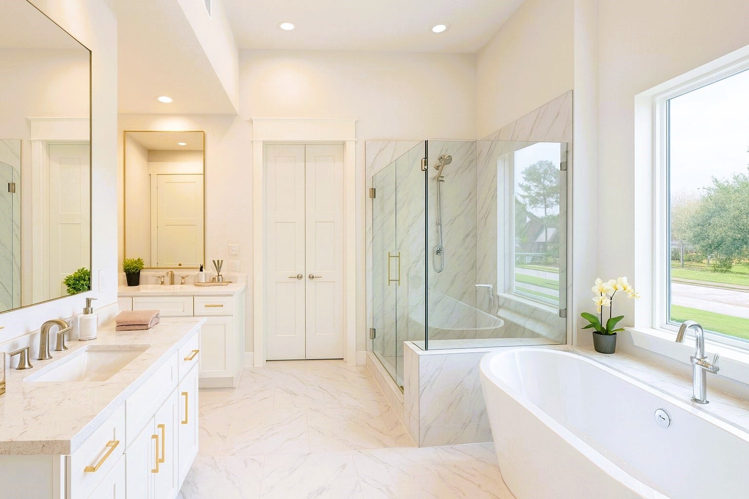 9849 Mocking Bird Hill Lane, Houston, TX 77080 Primary Spa has Free Standing Tub, Separate Vanities and Frameless Shower. Virtual staging added.