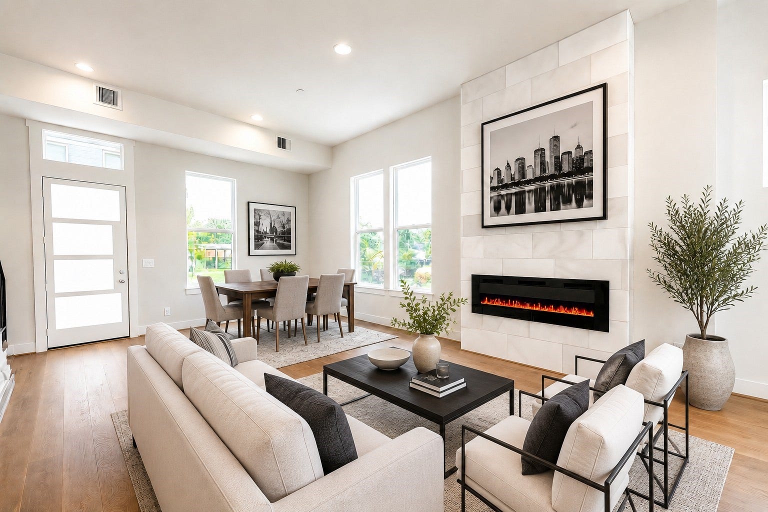 9849 Mocking Bird Hill Lane, Houston, TX 77080 Sleek Electric Flame Color Changing Fireplace Encased in a Marble Surround from Floor to Ceiling (pic was virtually staged)