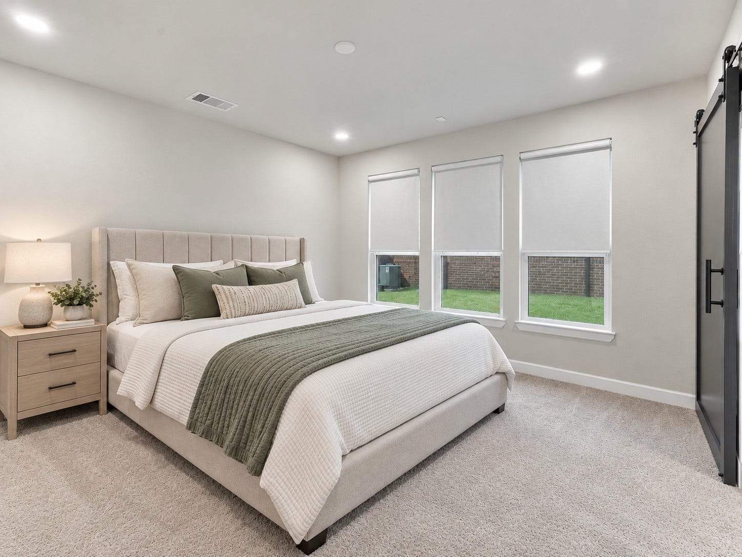 7814 Tindarey Maple Trace, Richmond, TX 77407 Spacious primary bedroom with soft carpeting, neutral finishes, and multiple windows overlooking the yard.**Virtually staged
