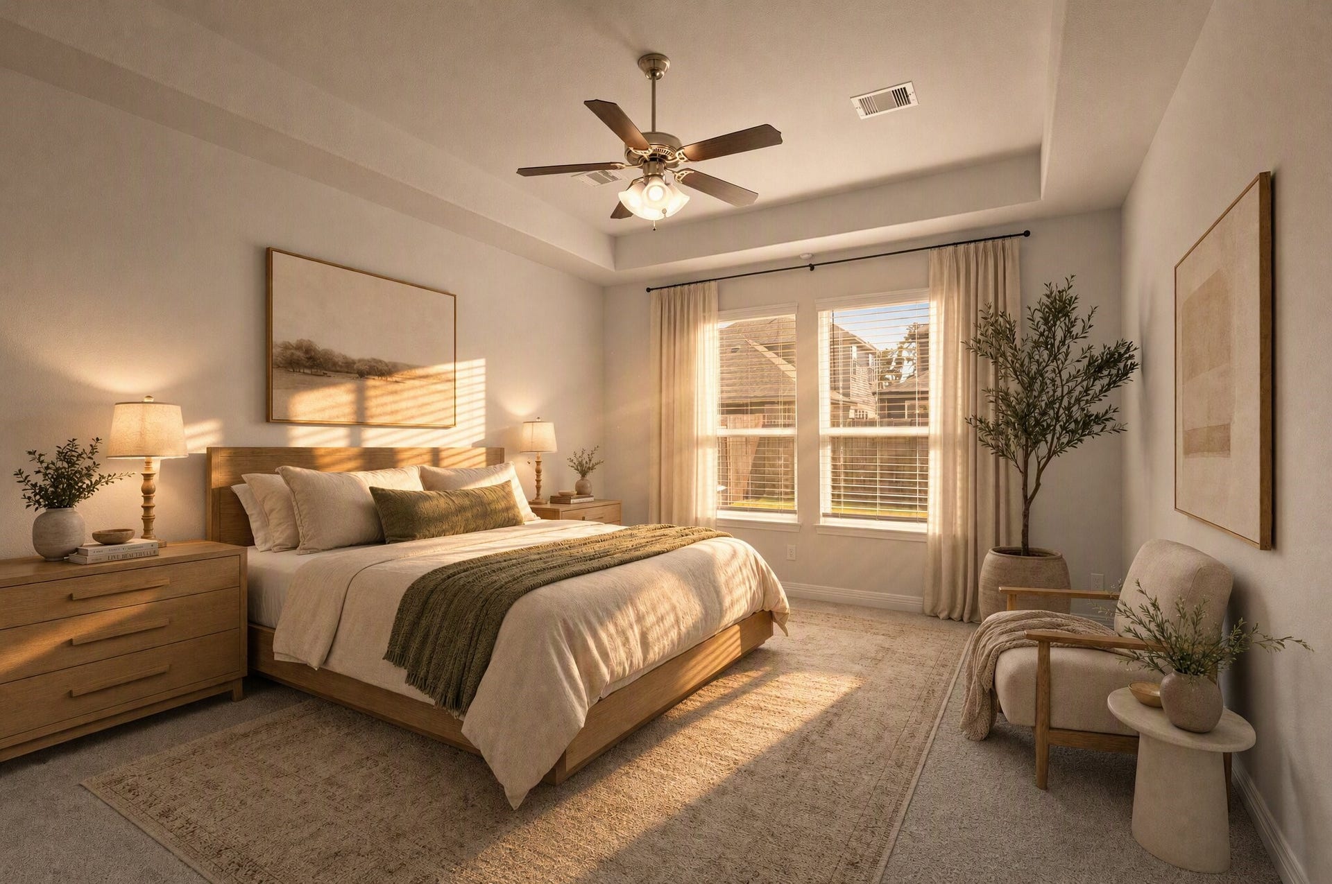 Waking up is easy in this bright, comfortable bedroom, where soft natural light and generous space create a relaxing start to the day. This photo has been digitally edited.