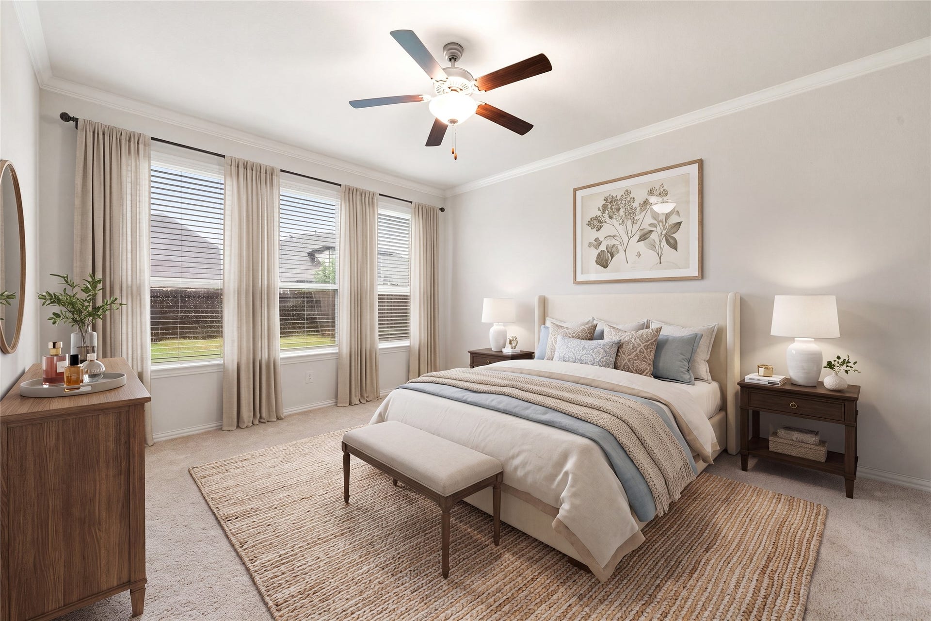 2418 Green Kale Drive, Richmond, TX 77406 The spacious primary suite is your private retreat, featuring crown molding, a ceiling fan, plush carpeting, and large windows that fill the room with natural light and overlook the backyard! *Virtually Staged