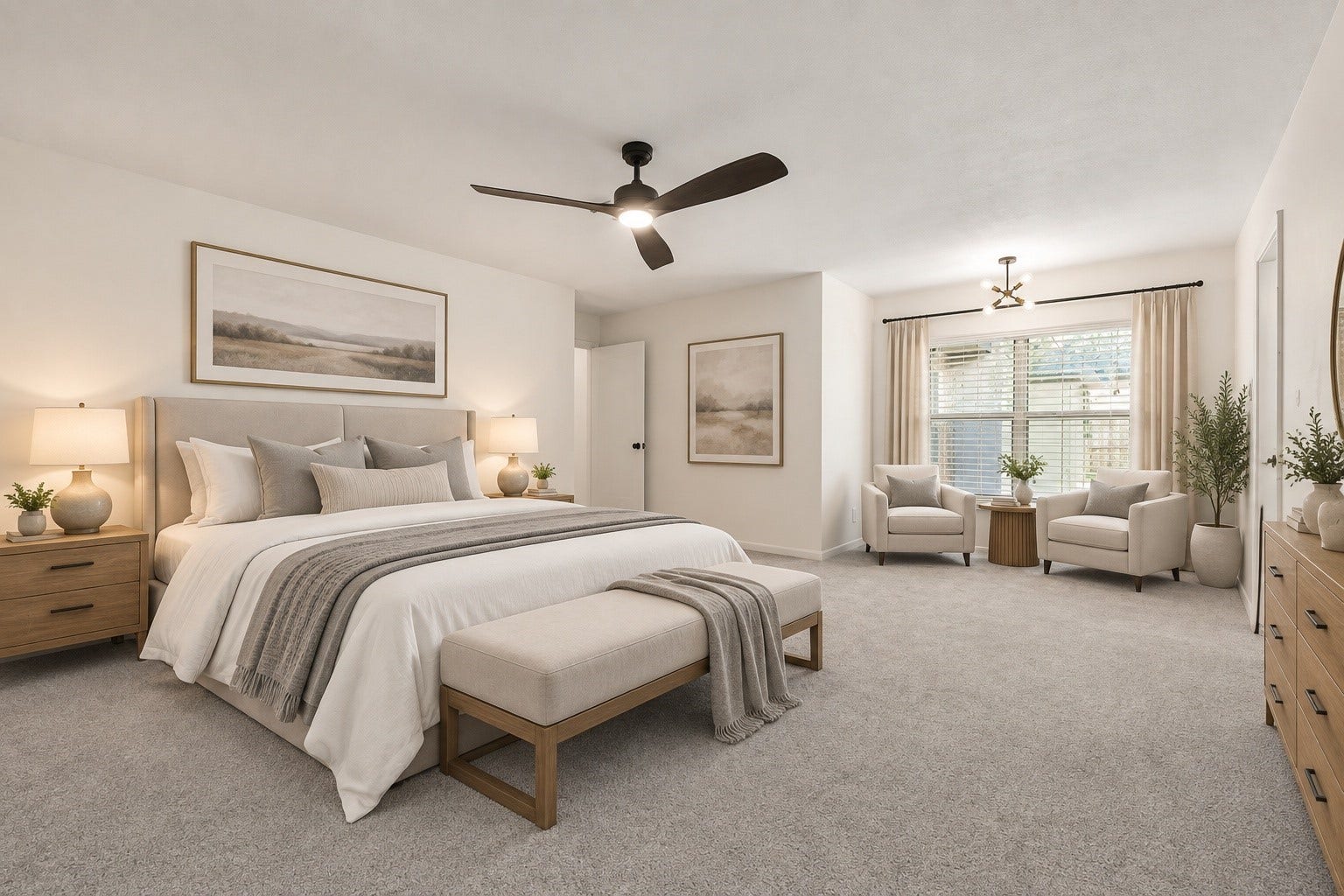 Just look at this primary bedroom suite... also has a seating area nook that overlooks into your backyard patio! The room is so spacious that you can arrange plenty of furniture in variety of ways. This photo shows the bed against the entry wall. Virtually staged.