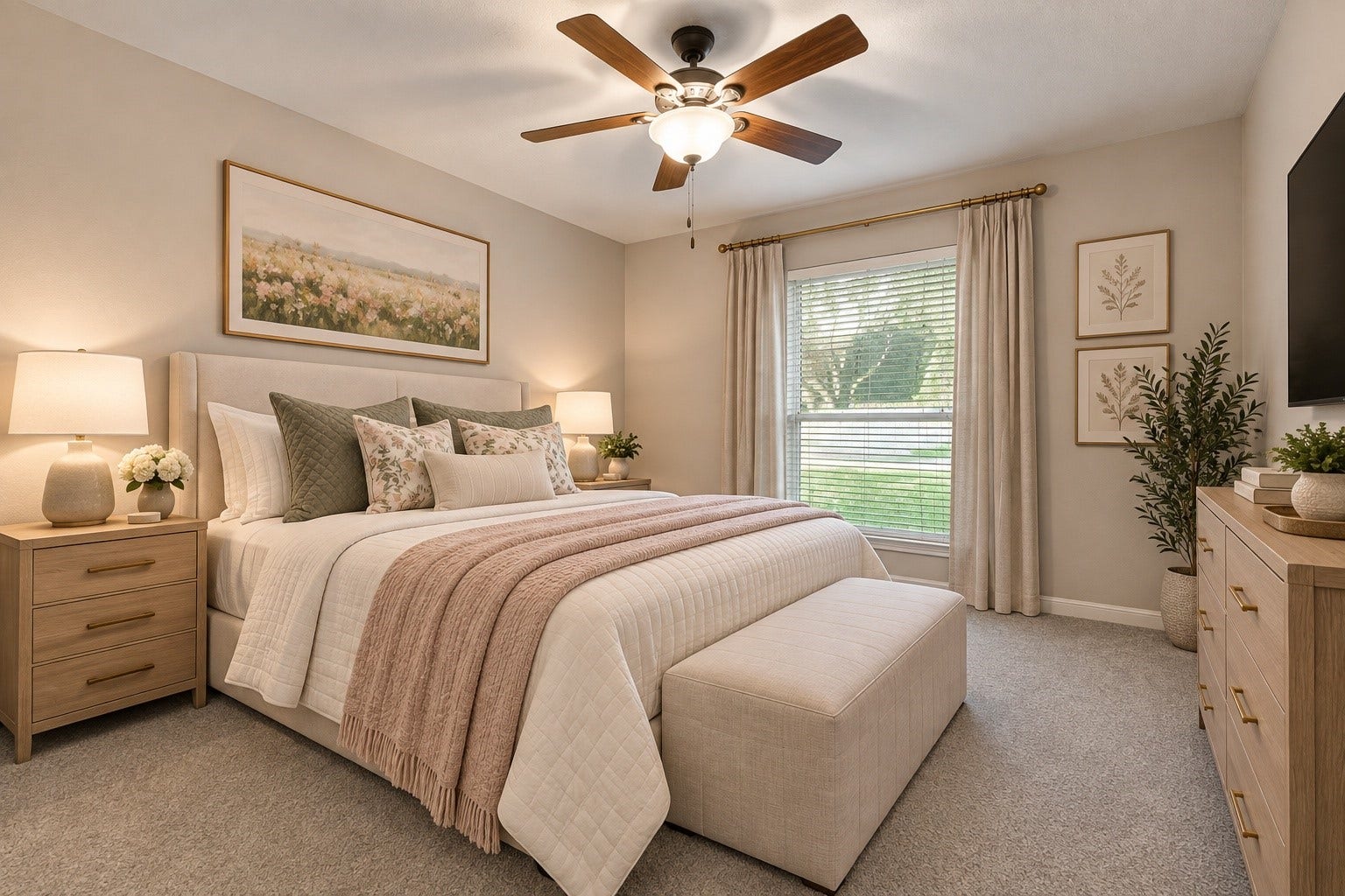 Another secondary bedroom... with wonderful views of the front yard and updated ceiling fan as well as carpeting! Virtually staged.