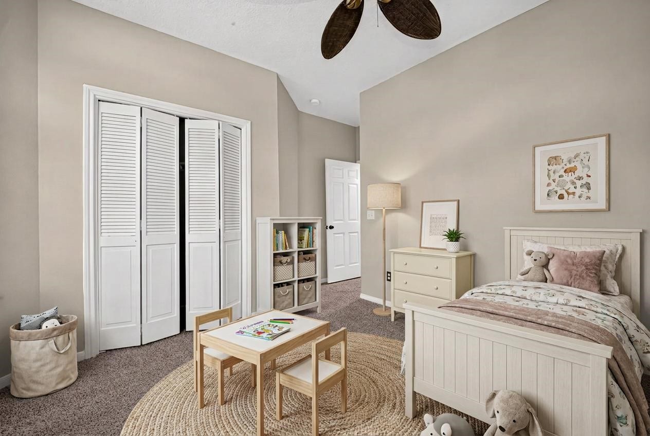 16002 Brittany Knoll Drive, Houston, TX 77095 Bedroom 3 Virtually staged. Nice size closet, new carpet and fresh paint.