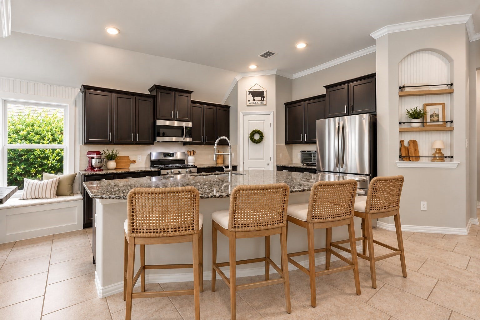 2143 Moss Creek Lane, Conroe, TX 77304 The oversized kitchen island is the heart of the home, offering generous counter space for meal prep, casual dining, and effortless holiday entertaining. Tons of storage with additional cabinets wrapping around the island.