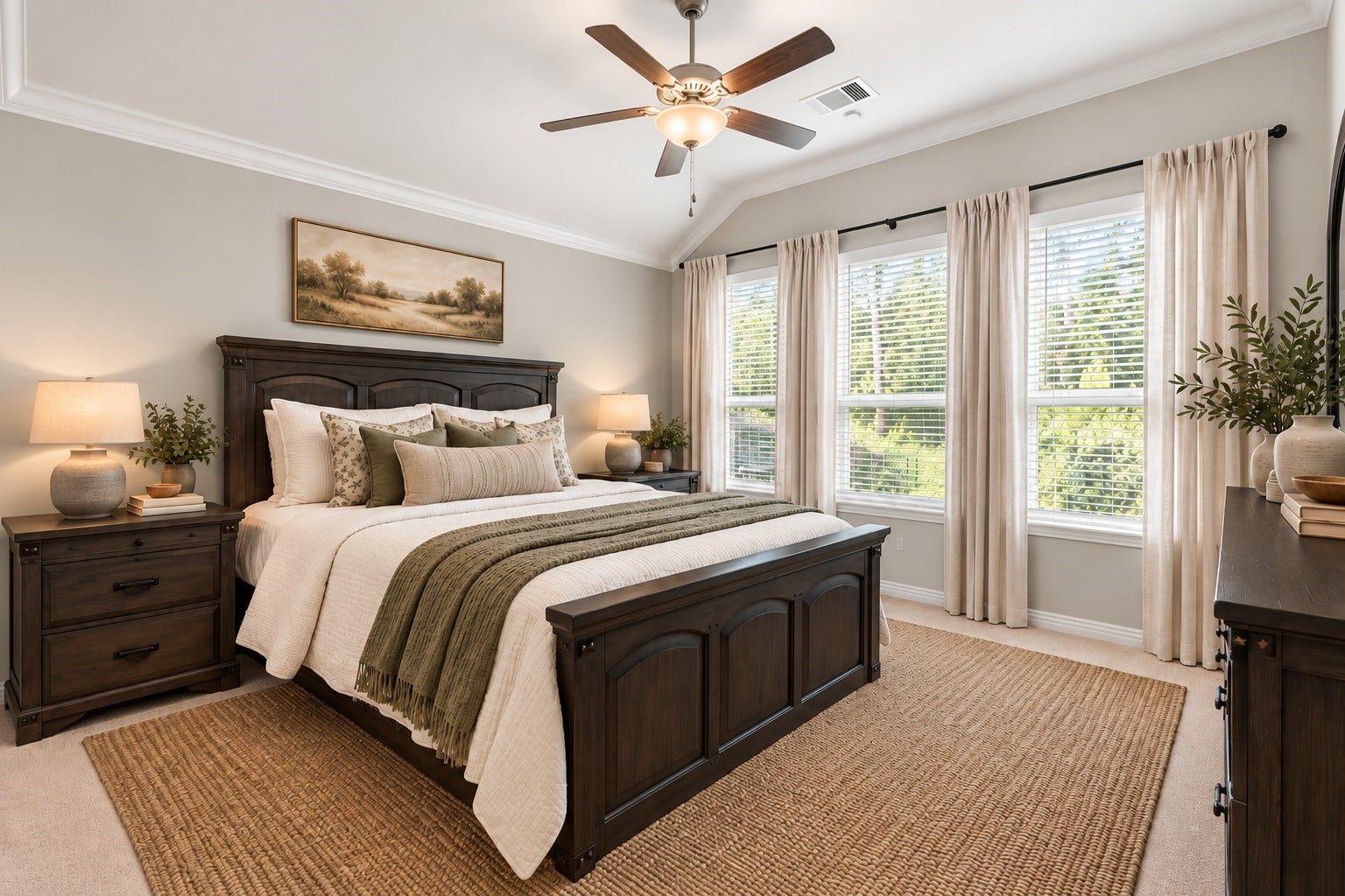 2143 Moss Creek Lane, Conroe, TX 77304 Privately situated on the opposite side of the home from the secondary bedrooms, the spacious primary suite features elevated ceilings, abundant natural light, and peaceful backyard views. *VIRTUALLY STAGED*