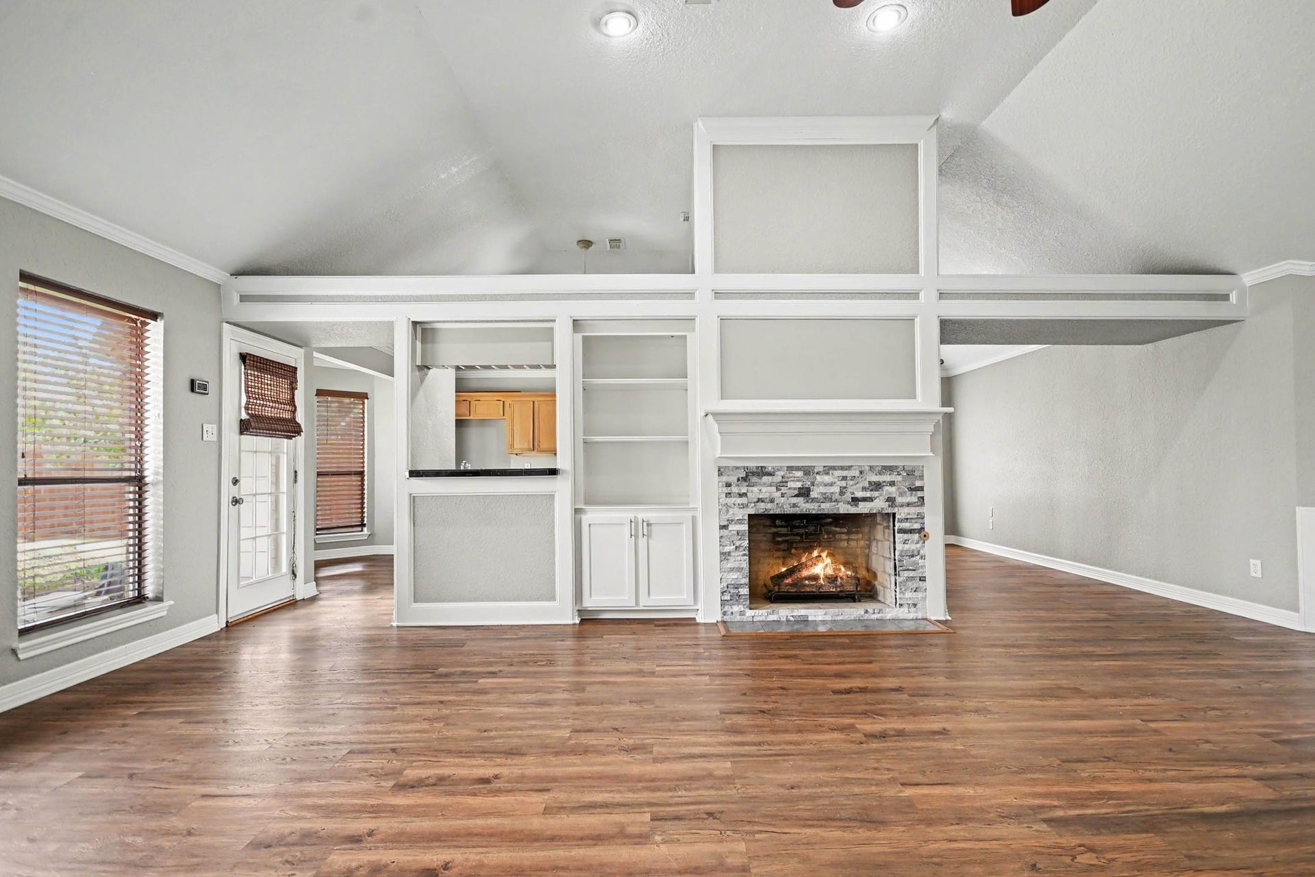 Gorgeous fireplace and lighting