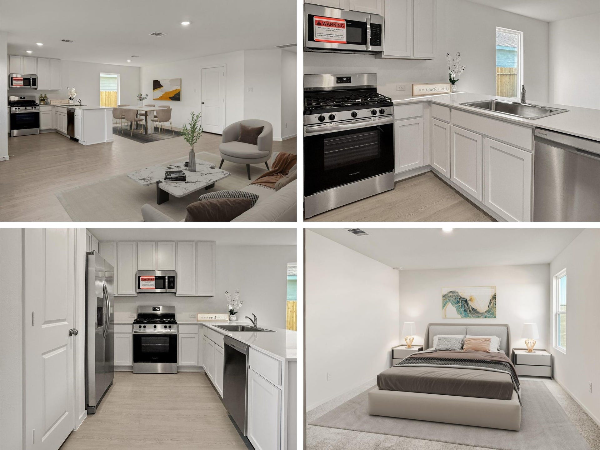 Virtual staging showcases the homes bright, modern interiors, including a spacious open-concept living and dining area and a well-appointed kitchen. The beautifully staged spaces highlight the homes comfort, functionality, and inviting atmosphere.