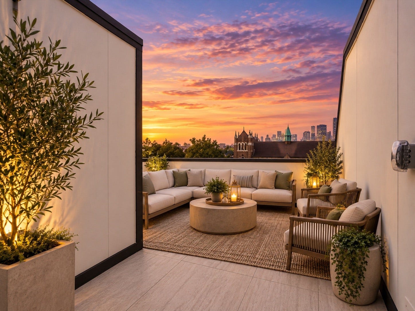 120 Estelle Street, Houston, TX 77003 Take in sweeping views of the Houston skyline from the private rooftop terrace, an exceptional outdoor space for unwinding, enjoying the cityscape, or entertaining. Virtually staged and enhanced twilight views.