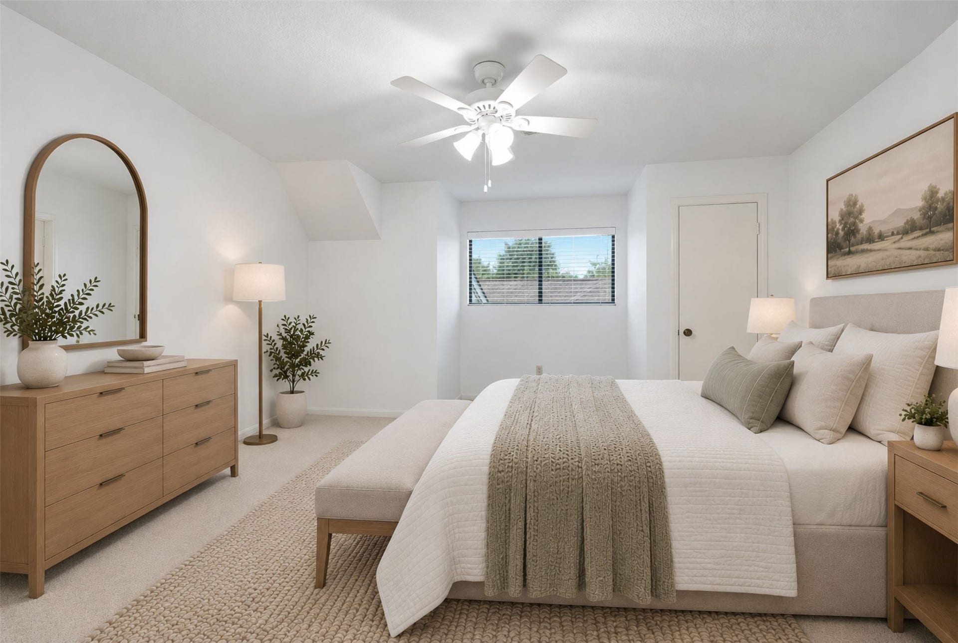12219 Ravenmoor Drive, Houston, TX 77077 Experience serene comfort in this bedroom, featuring soft neutral tones, elegant furnishings, and abundant natural light. (Virtual Staging)