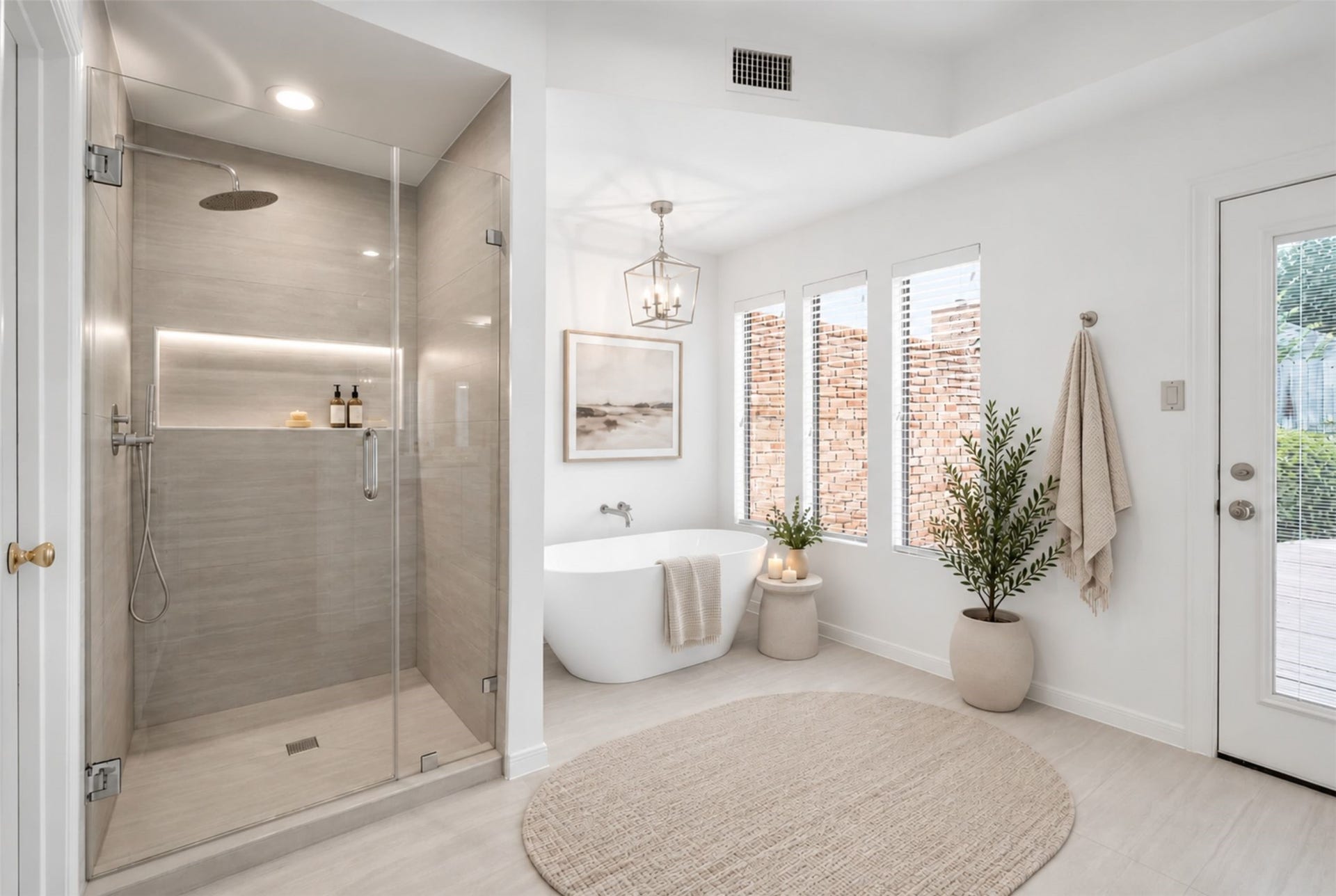 12219 Ravenmoor Drive, Houston, TX 77077 Experience luxury in this spacious bathroom featuring a sleek glass-enclosed shower, a modern freestanding tub, and abundant natural light from large windows. (Virtual Staging)