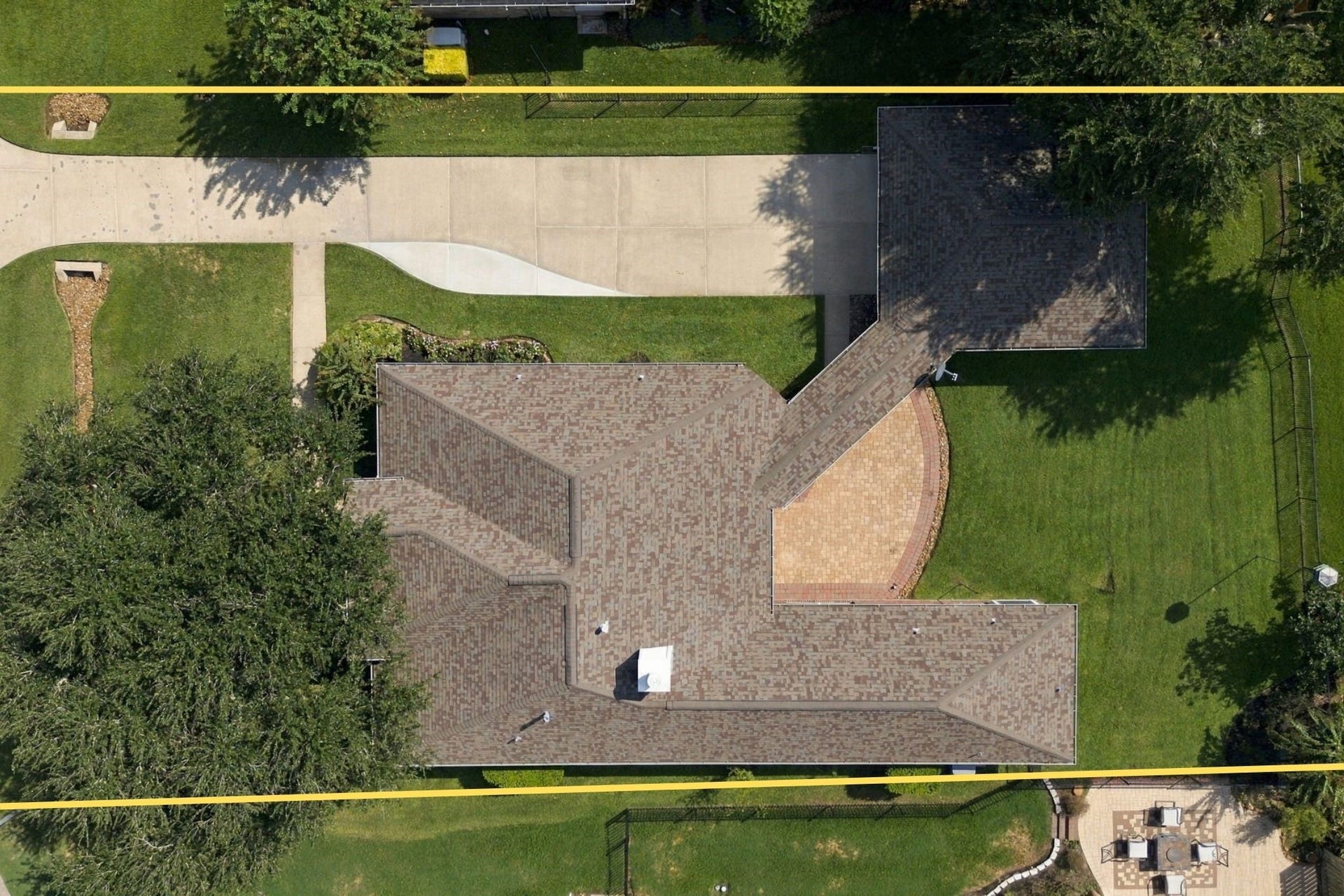 33211 Woodton Court, Fulshear, TX 77441 This aerial view looks directly down onto the property, highlighting the extended driveway, spacious back Patio, and expansive yard with plenty of room to add a pool and create your own private outdoor oasis. The property lines are approximate and not guaranteed.