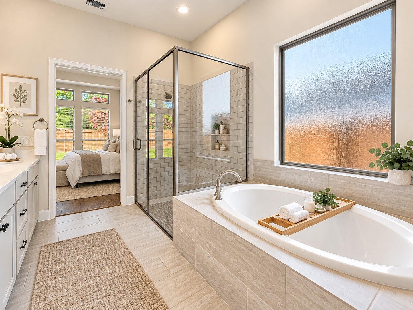 146 Dove Springs Court, Conroe, TX 77304 Enjoy the spa-like experience in the luxurious primary bathroom. Enjoy a refreshing shower or a relax in the over-sized bathtub.