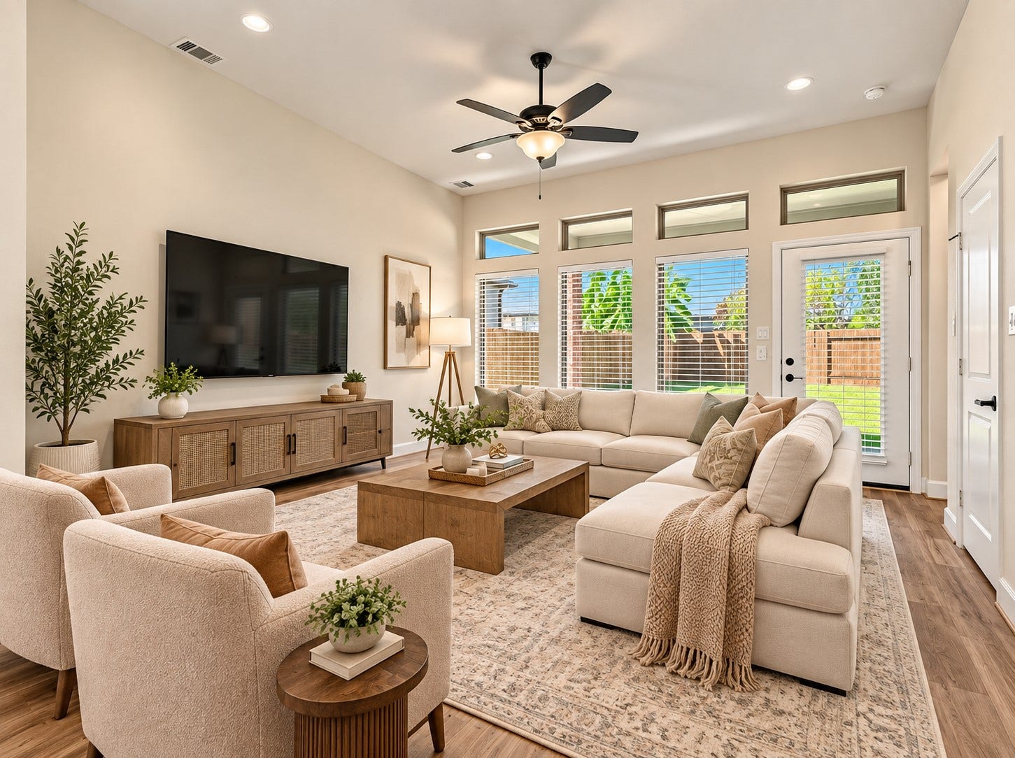 146 Dove Springs Court, Conroe, TX 77304 Virtually Staged - The open living room is made for everyday life, with high ceilings, abundant windows, and peaceful views of the backyard and green space beyond.