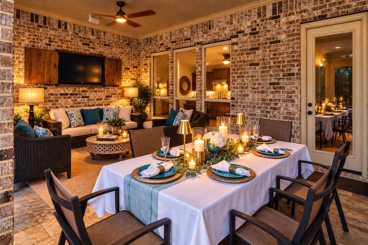 13807 Oak Fair Bend, Cypress, TX 77429 Imagine unforgettable evenings under the stars, surrounded by the warmth of family and friends! This spectacular covered outdoor living space transforms everyday entertaining into a resort-inspired experience. Elegant candlelit dining, inviting lounge seating, and beautiful brick architectural details create the perfect atmosphere for intimate dinners or lively celebrations. Just steps from the private backyard pool oasis, this exceptional retreat invites you to relax & make lasting memories.Virtually stage