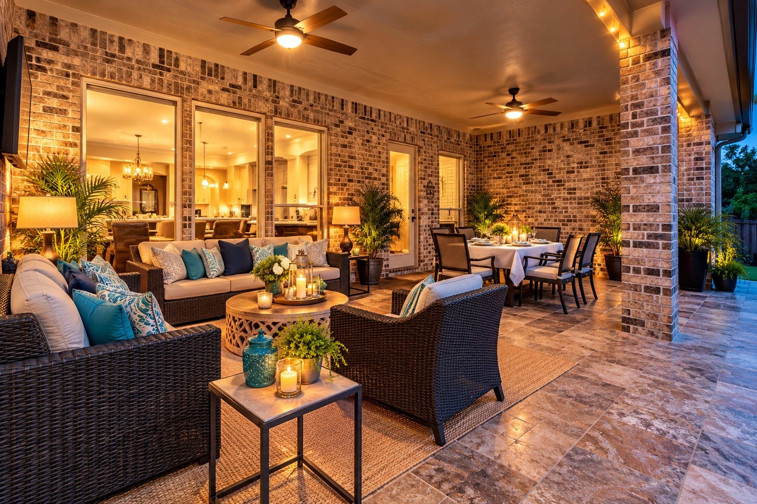 13807 Oak Fair Bend, Cypress, TX 77429 Where luxurious outdoor living meets unforgettable entertaining! This spectacular covered patio invites you to relax in style, featuring beautiful brick detailing, warm ambient lighting, and inviting lounge and dining areas. Whether hosting elegant dinner parties, enjoying cocktails with friends, or simply unwinding after a long day, this exceptional outdoor retreat offers the perfect setting for making lasting memories beside your private backyard pool oasis.virtually enhanced