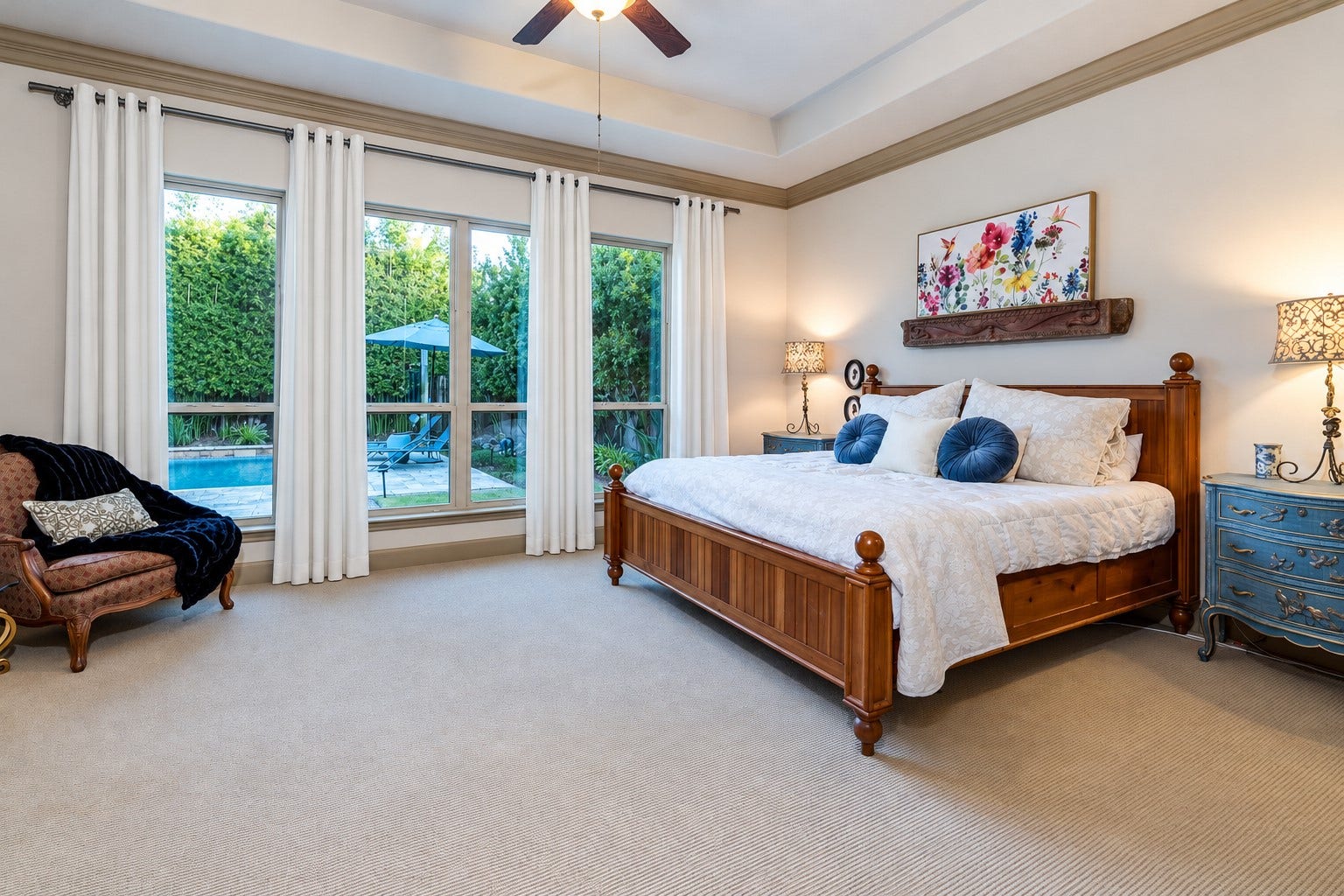 13807 Oak Fair Bend, Cypress, TX 77429 Your Private Sanctuary Awaits! Escape to this luxurious owner's retreat, where soaring ceilings, abundant natural light, and picturesque views of the sparkling backyard pool create an atmosphere of serenity and sophistication. Unwind in the spa-inspired ensuite bath, your personal haven for relaxation and rejuvenation. A beautiful blend of elegance, comfort, and tranquility!
