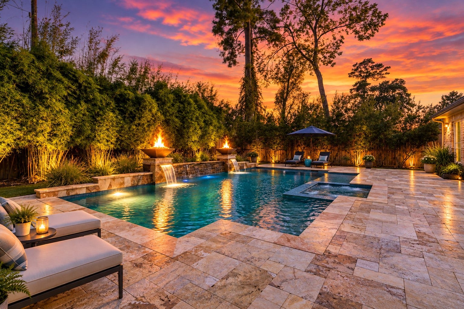 13807 Oak Fair Bend, Cypress, TX 77429 Your own private paradise, where every sunset feels like a luxury resort getaway!Cascading waterfalls, dramatic fire features, shimmering pool waters, and lush landscaping create an unforgettable atmosphere of tranquility and elegance. Whether hosting magical evenings with friends or enjoying peaceful moments under the stars, this extraordinary backyard offers the ultimate resort-inspired lifestyleright at home! Virtually staged sky and lighting around pool