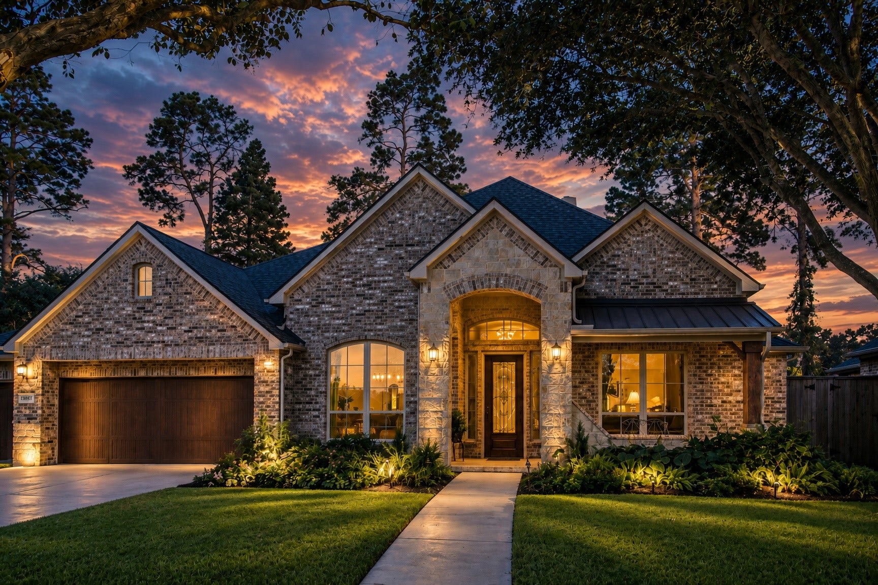 13807 Oak Fair Bend, Cypress, TX 77429 Architectural Elegance That Makes a Lasting Impression! A closer look reveals the exceptional brick craftsmanship, intricate masonry patterns, and beautiful natural stone accents that give this luxury home its distinctive character. The dramatic arched entry, elegant exterior lighting, and richly detailed rooflines create timeless curb appeal. Complete with a spacious three-car garage, this stunning residence beautifully combines architectural sophistication with everyday functionality.