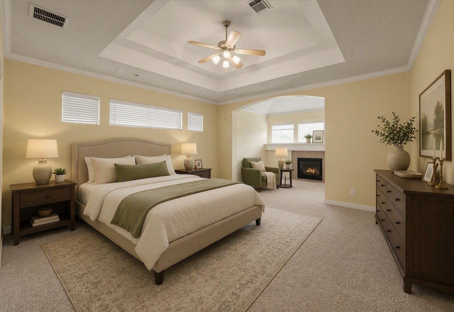 21603 Statfield Glen, Katy, TX 77450 Primary bedroom with a coffered ceiling and a spacious sitting area.