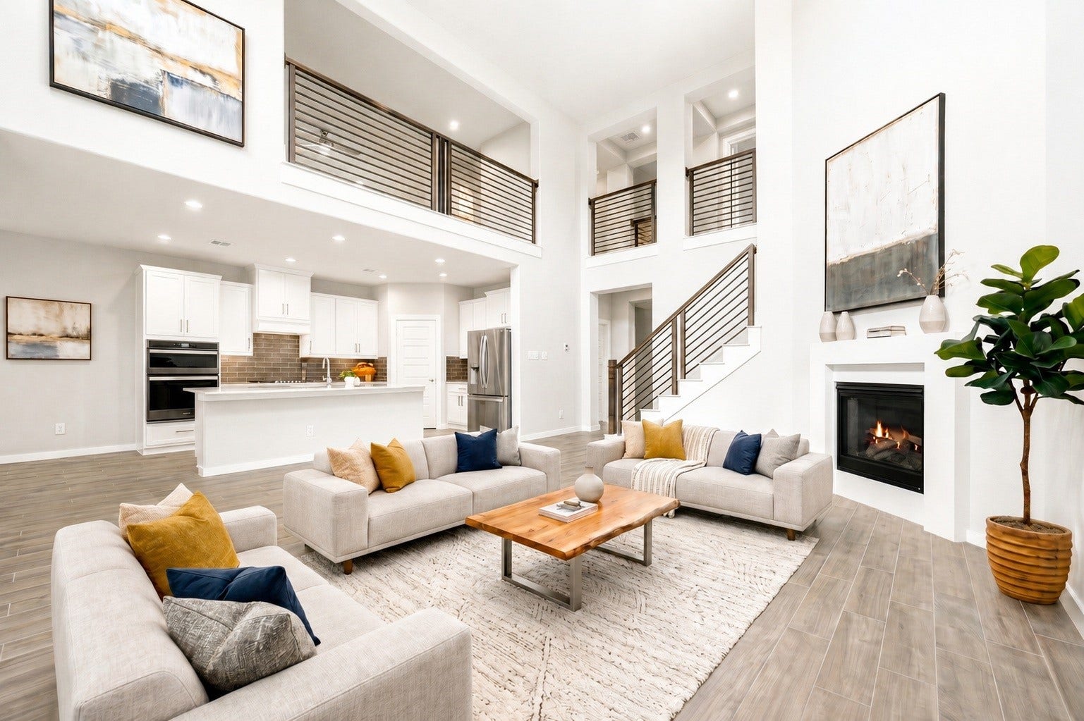 3815 Favor Forest Court, Katy, TX 77494 Beneath the same wall of two-story windows, the open-concept layout flows effortlessly from the living area into the kitchen and staircase beyond. Virtually staged.