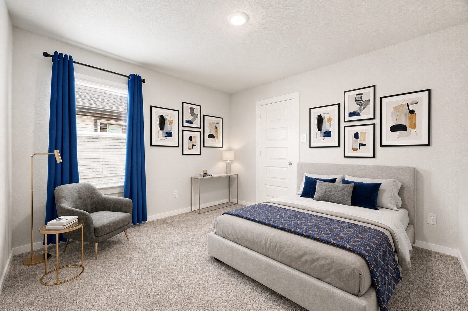 3815 Favor Forest Court, Katy, TX 77494 This secondary bedroom offers plush carpet and a large window with blue curtains for natural light. Virtually staged.