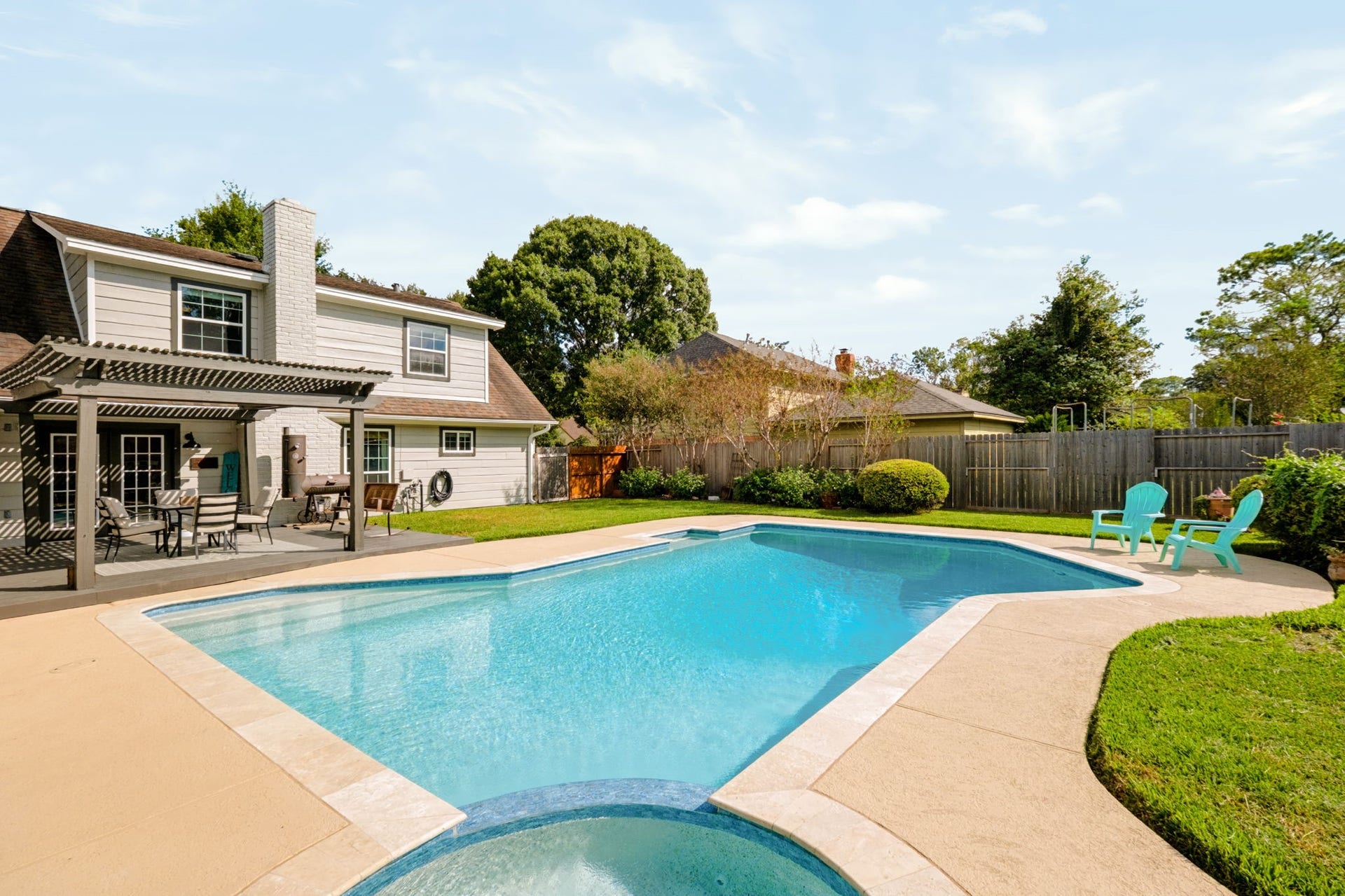 3507 Rolling Green Lane, Missouri City, TX 77459 Backyard retreat featuring a recently redone pool, updated equipment, and generous outdoor space.