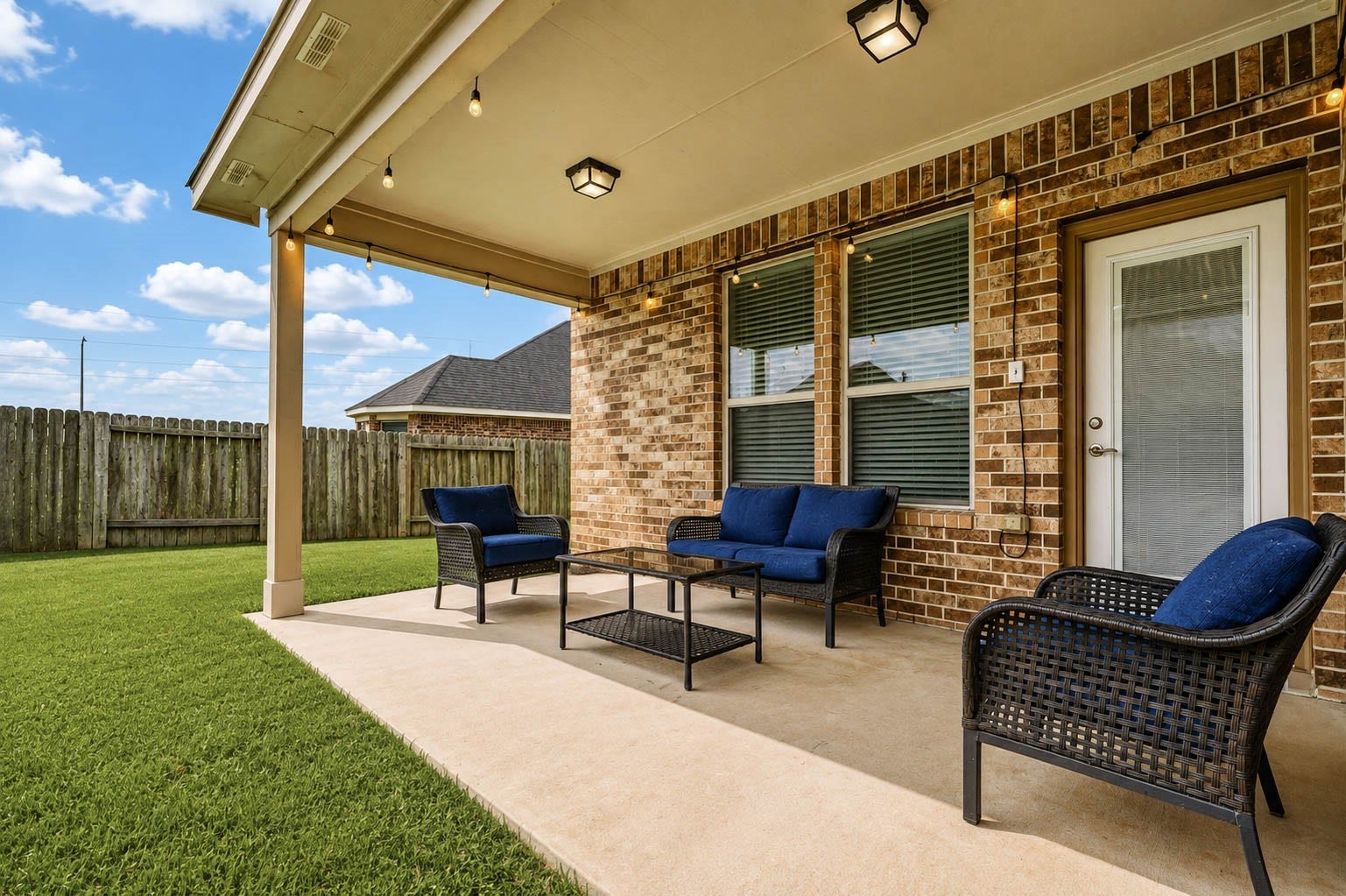 30218 Creekside Drive, Brookshire, TX 77423 Charming covered patio, perfect for relaxing and entertaining, set against a backdrop of lush green lawn and a privacy fence.