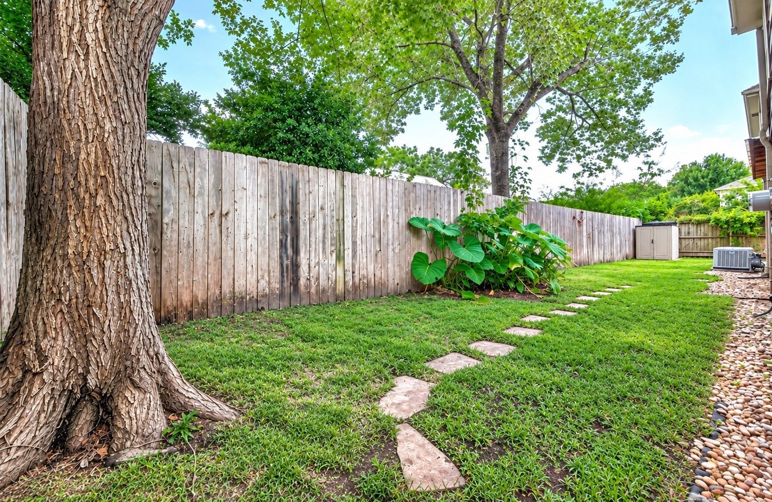 1122 Daria Drive, Houston, TX 77079 This yard is off the back patio. The storage shed in the background stays.