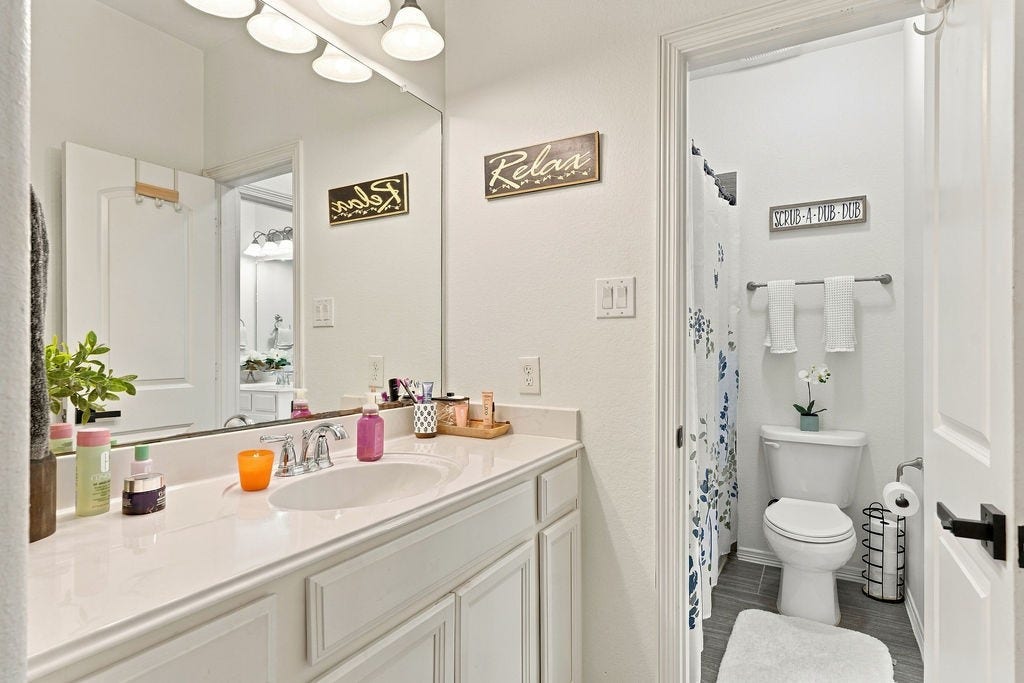 9918 Hubble Drive, Iowa Colony, TX 77583 Bright and inviting bathroom featuring a spacious vanity with ample counter space, modern fixtures, and a separate toilet area with charming decor.