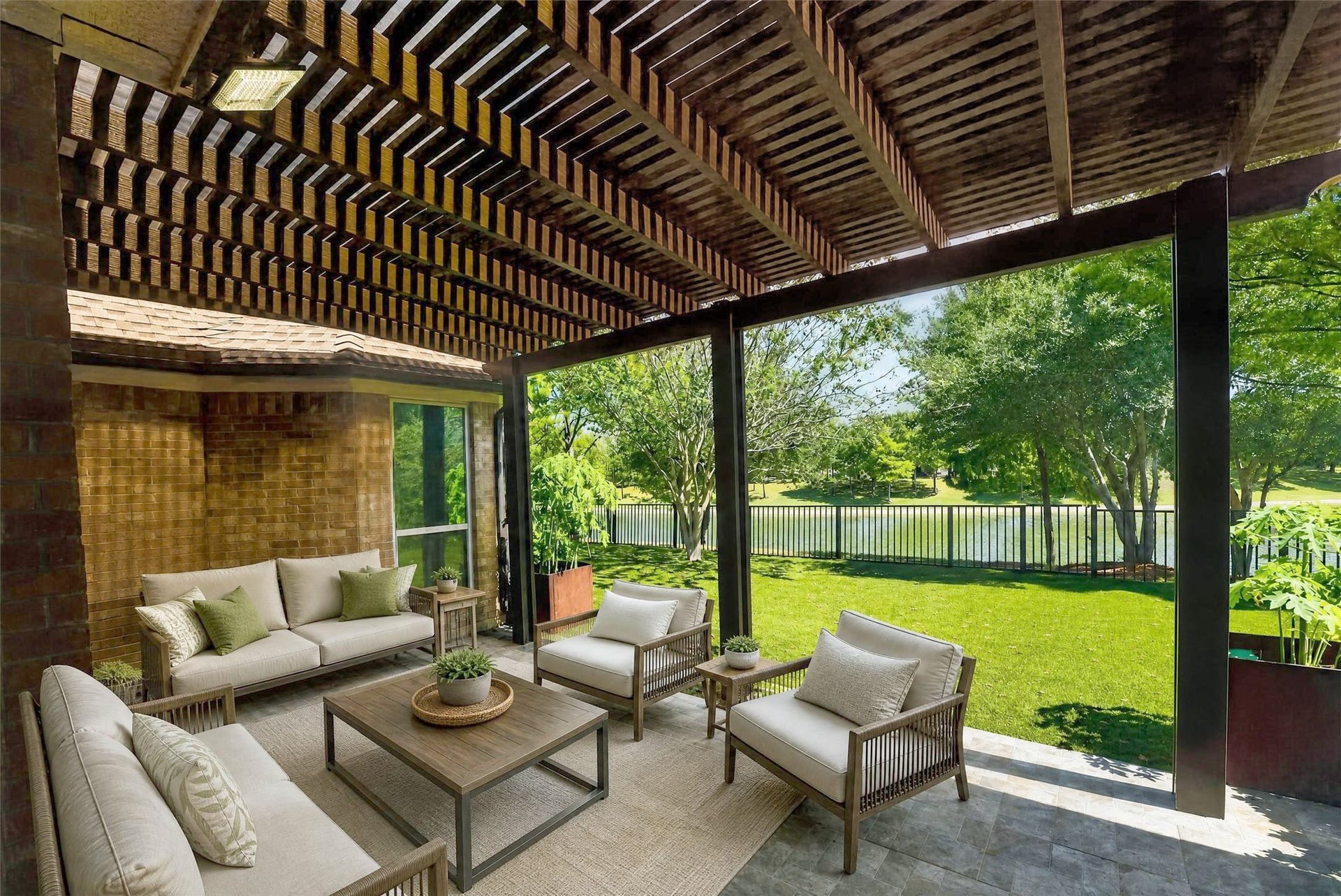 12009 Cedar Creek Drive, Pearland, TX 77584 Large back patio with covered pergola (March '23), artificial turf added to backyard in '26.