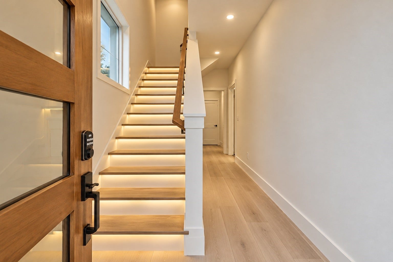 4717 Branch Street, Houston, TX 77021 Grand entrance stair natural wood treads and keyless smart lock bring instant elegance to your daily entry.