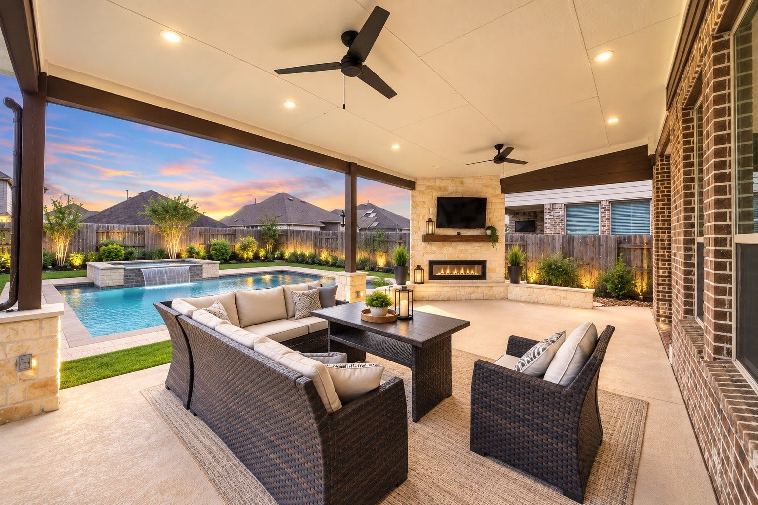 Beautiful evening view of the covered patio, showcasing the inviting outdoor fireplace, spacious seating area, and relaxing backyard atmosphere. VS pool gives you an idea of what your patio would look like in the future.