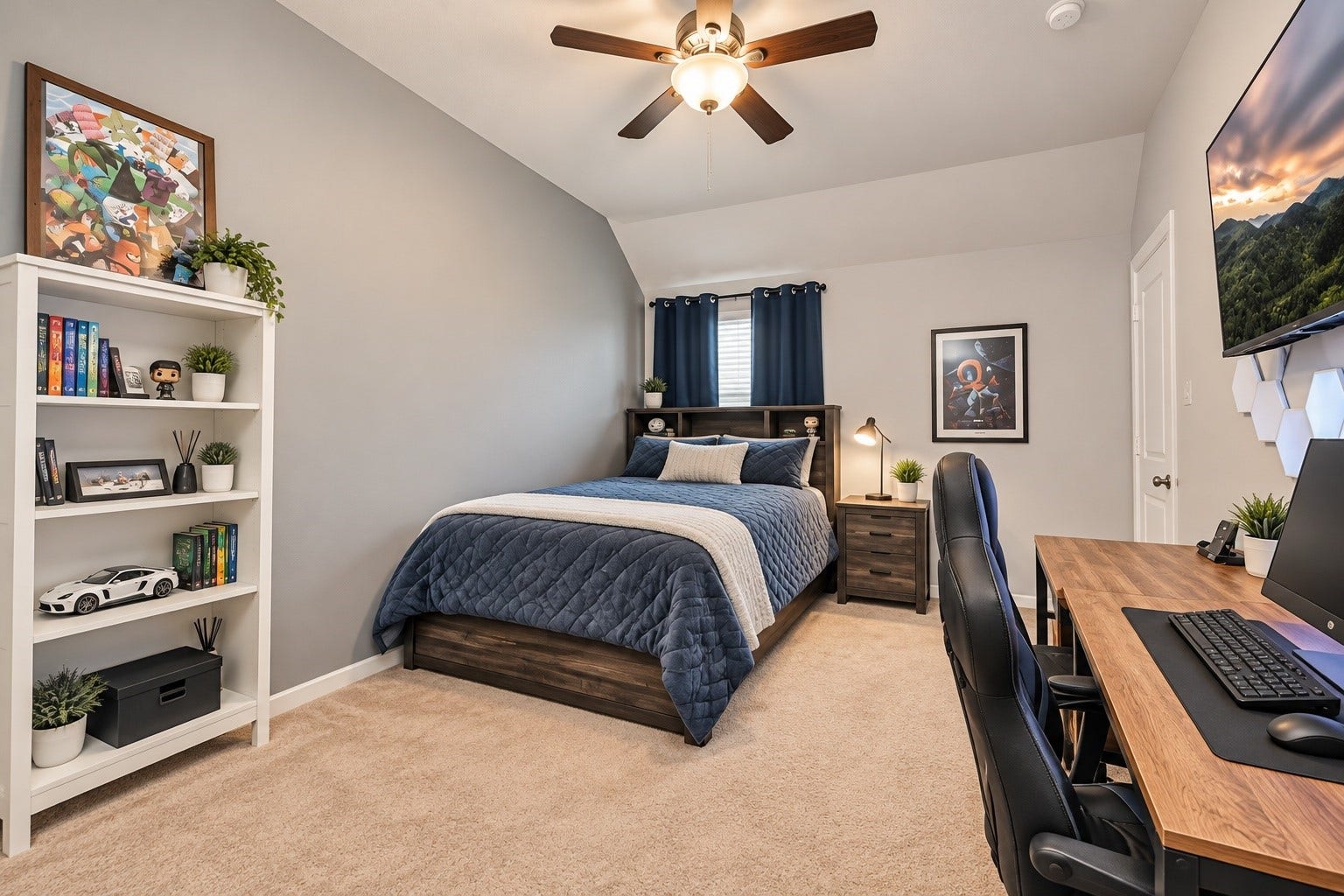 Additional upstairs bedroom offering plush carpeting, ceiling fan, and a flexible layout suitable for guests or family members.