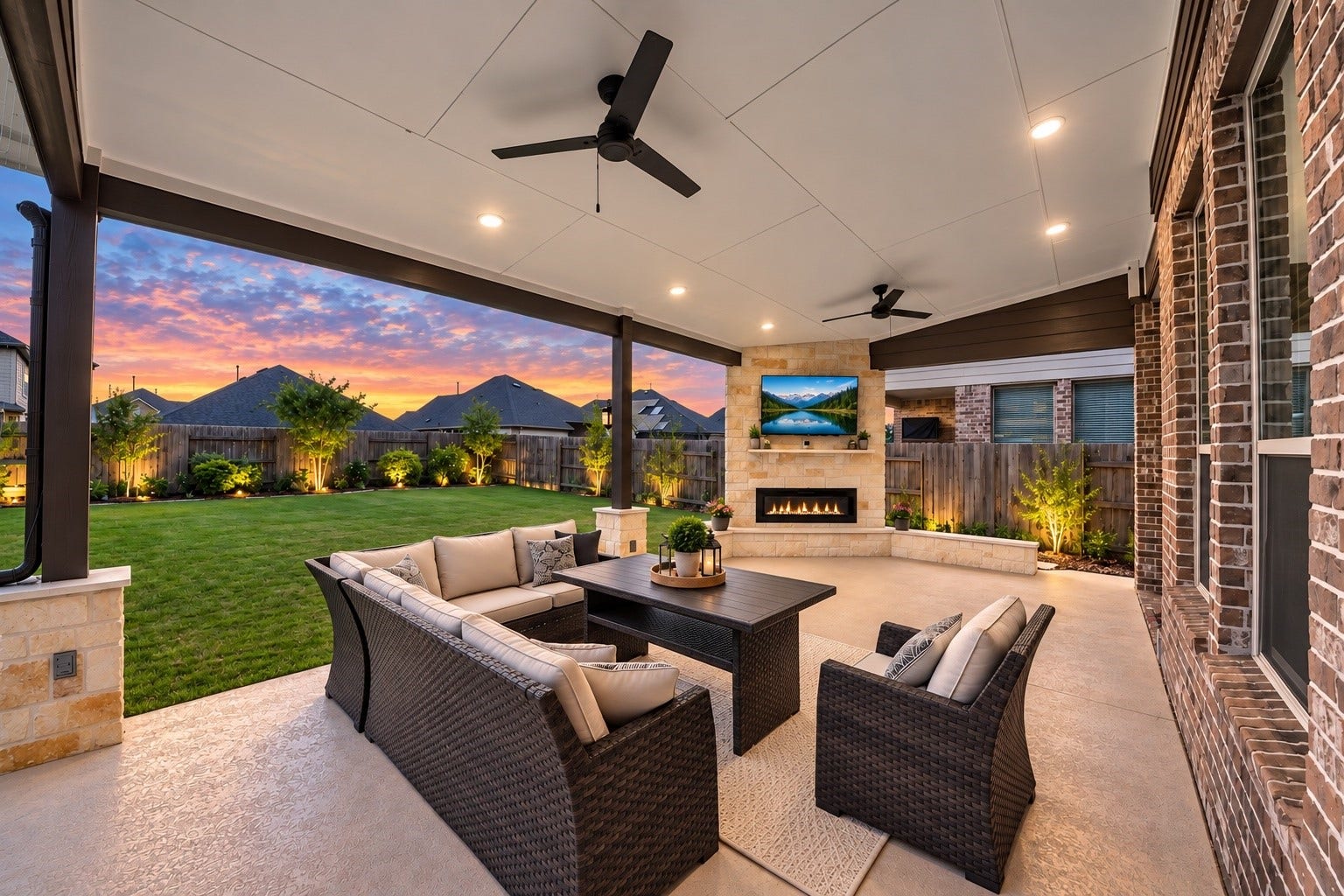 Stunning covered outdoor living area featuring a fireplace, ceiling fan, brick accents, and plenty of room for comfortable lounge seating.