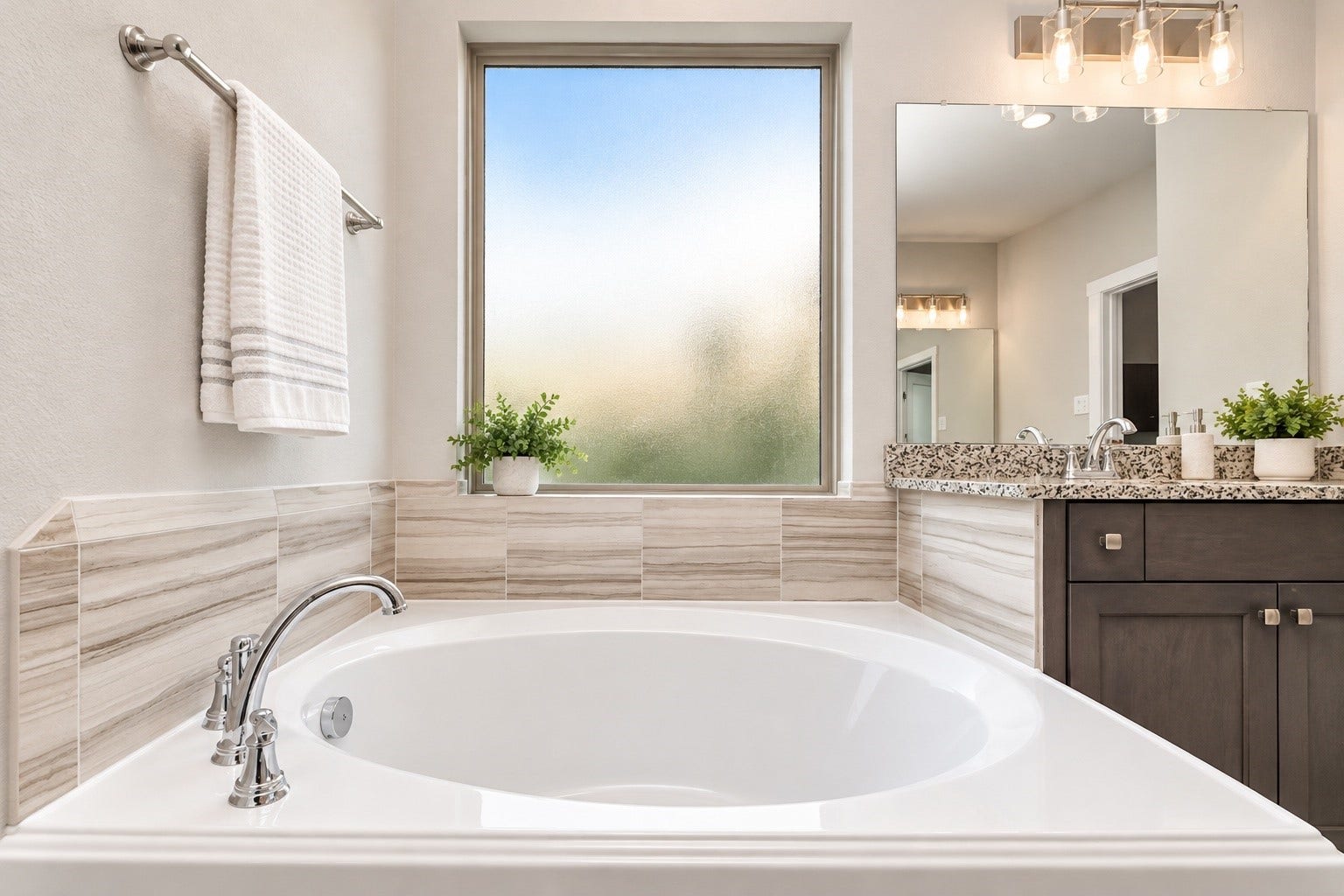 Relax in the beautiful soaking tub positioned beneath a large window, complemented by separate vanities and a spacious walk-in shower.