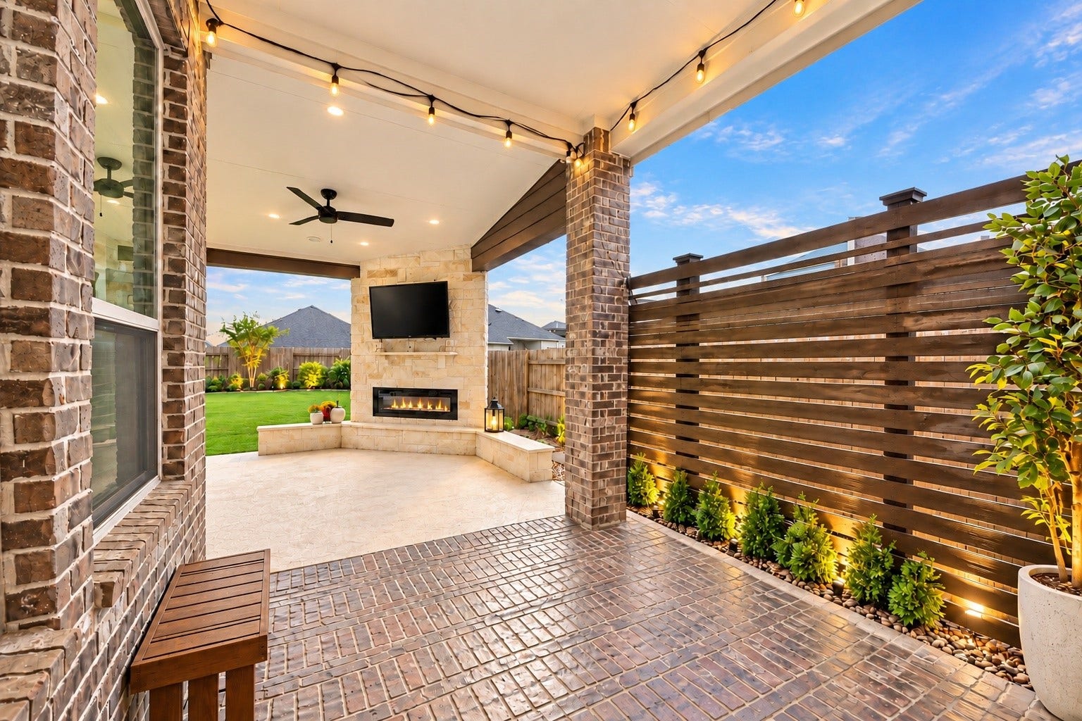 Additional view of the extended covered patio featuring brick flooring, overhead lighting, and a private fenced backyard.