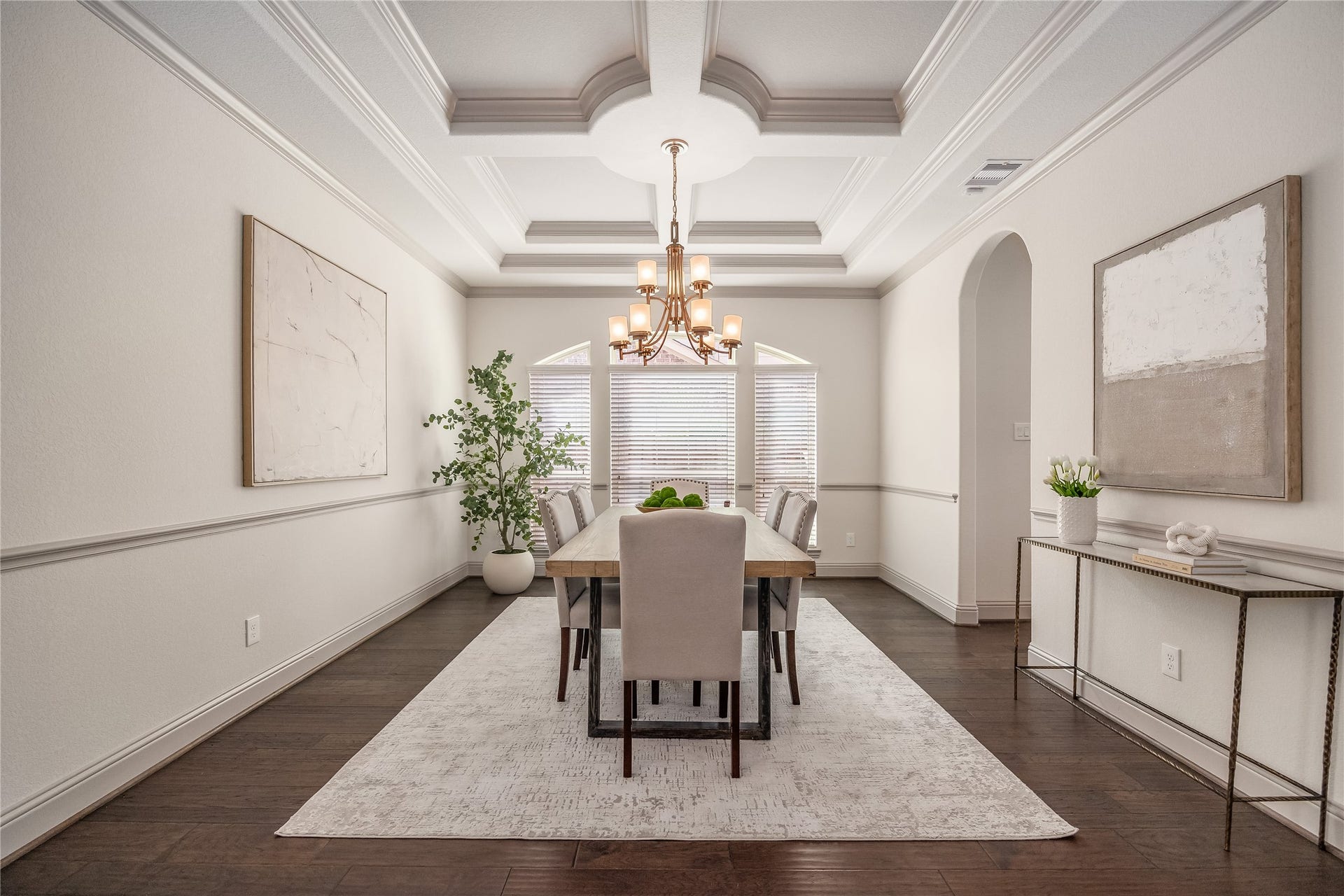 13506 COLUMBIA KEY Drive, Tomball, TX 77377 The dining room makes an impression with its sculpted tray ceiling, classic chair rail molding, and a large window that brings in the light.