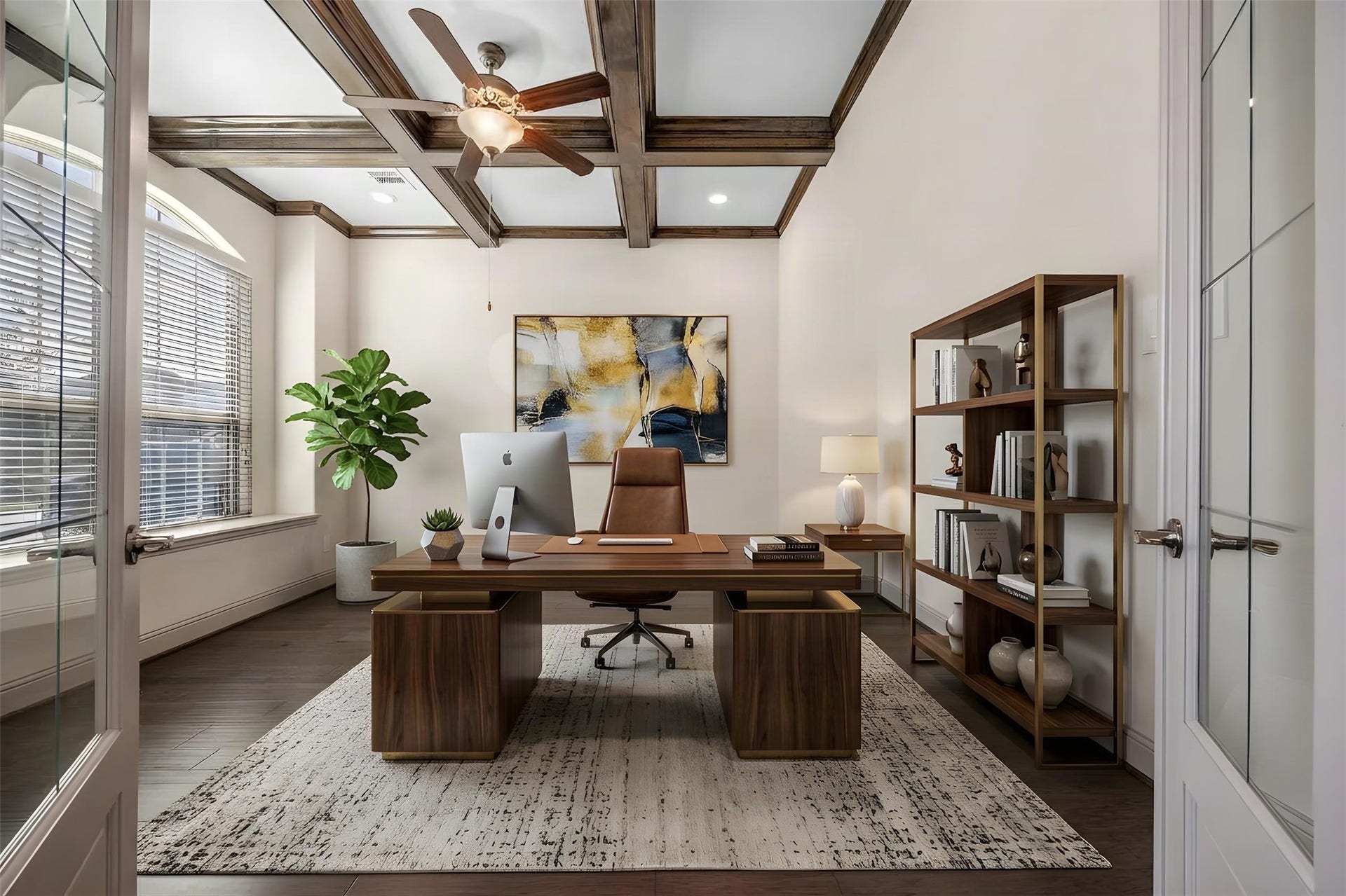 Behind these French doors, a dedicated home office or flex space awaits, with striking ceiling beams and natural light. [virtually staged]