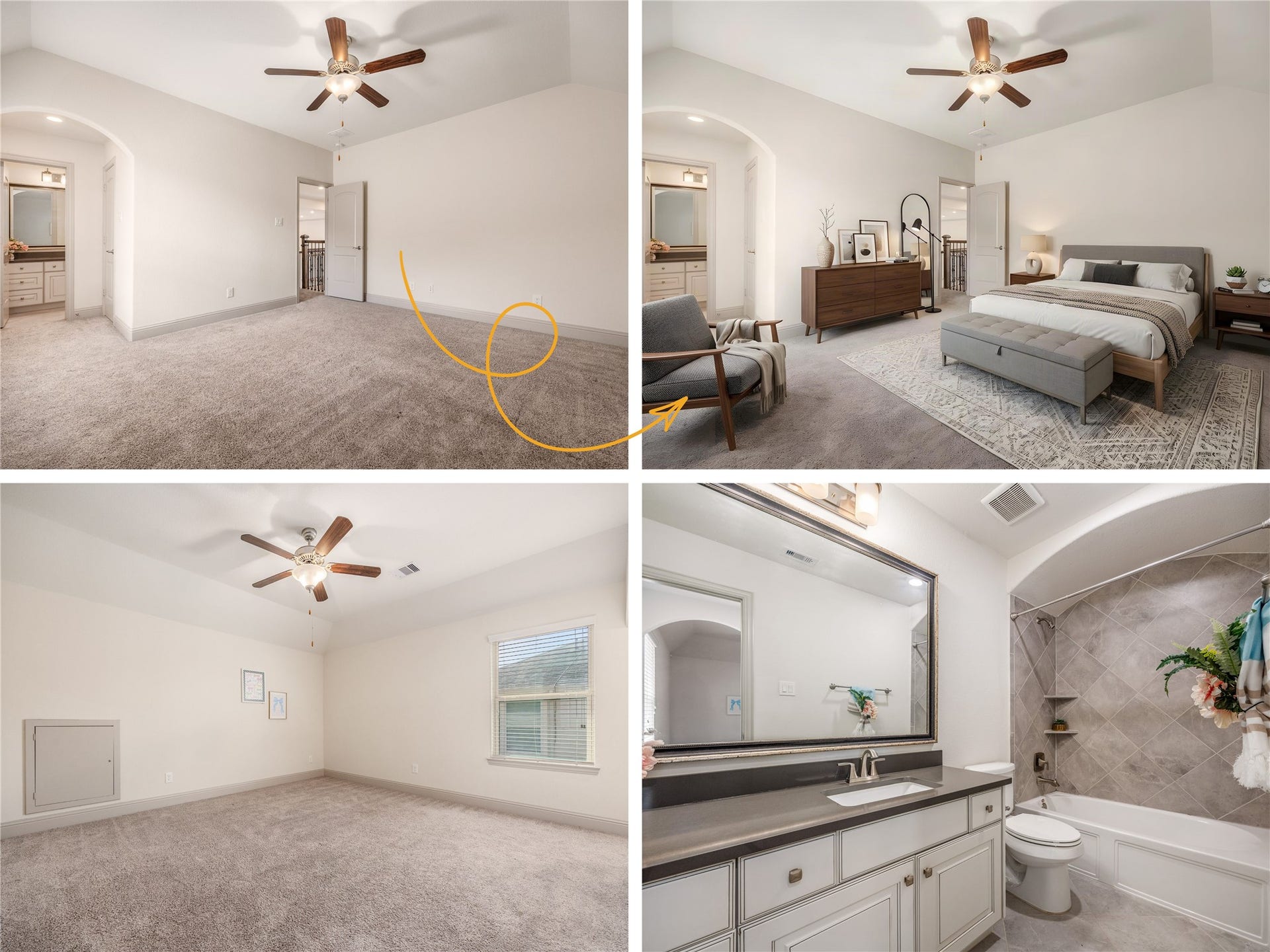 An upstairs bedroom with its own bath offers guests a welcoming space and a little extra privacy. [virtually staged]