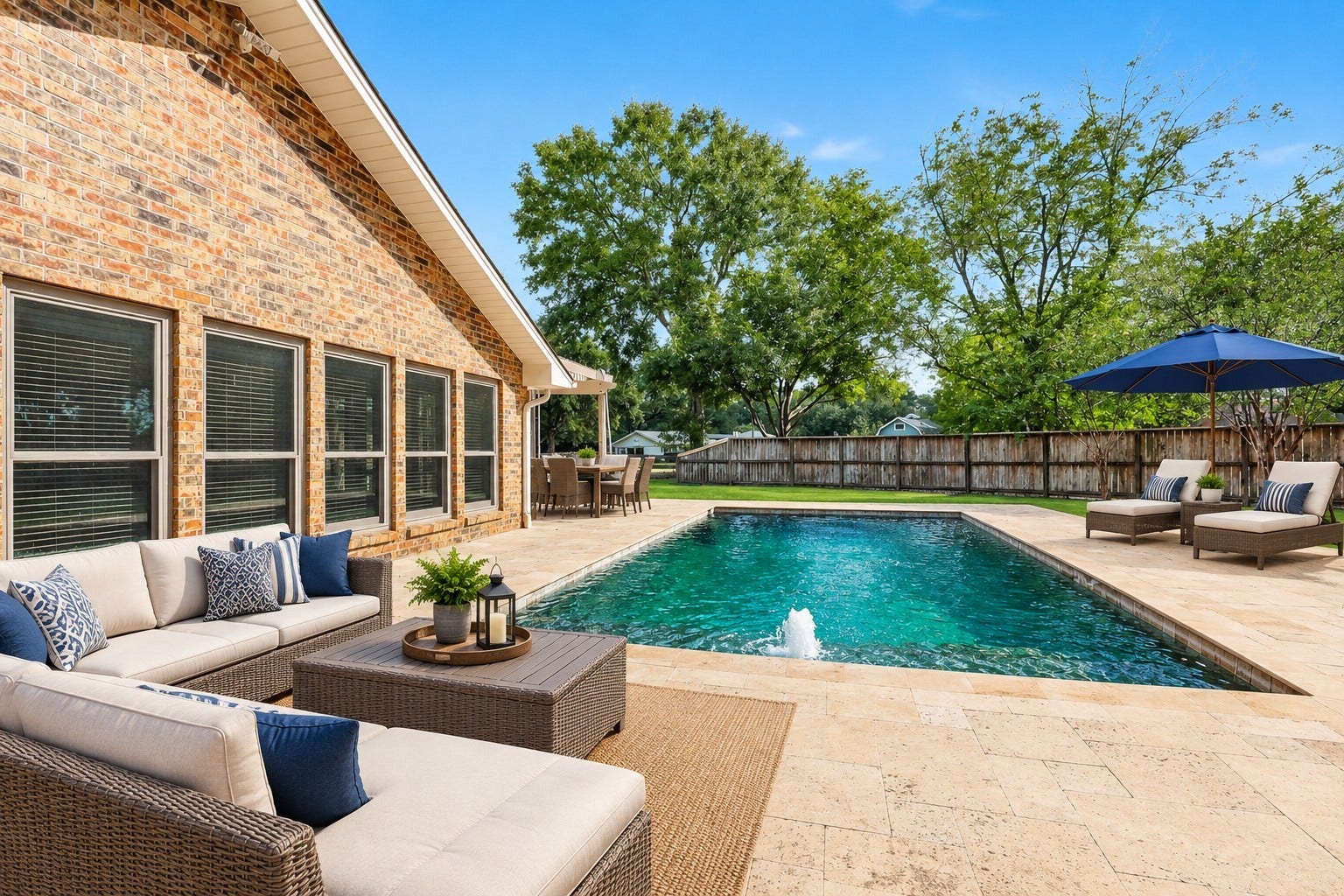 22107 Rosewood Trail, Tomball, TX 77377 Virtually Staged: Large, Fully-Fenced Back Yard with Dark Blue In-Ground Gunite Pool with Fountain & Sprays.